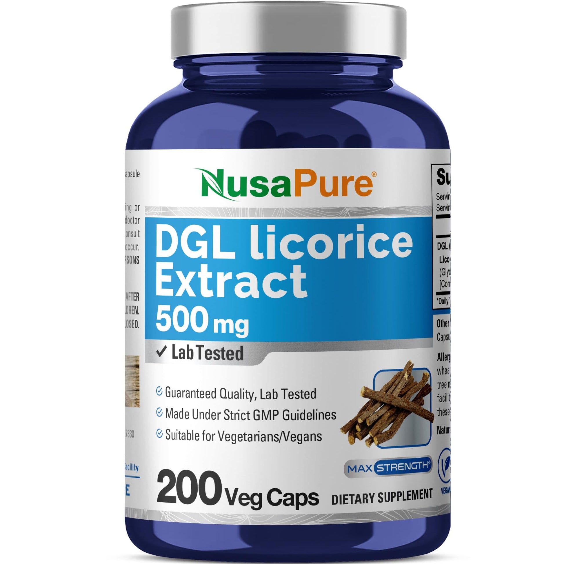 NusaPure DGL Licorice Extract 500 mg 200 Veggie Capsules (Vegan,Non-GMO) - Maple Wellness Supplements