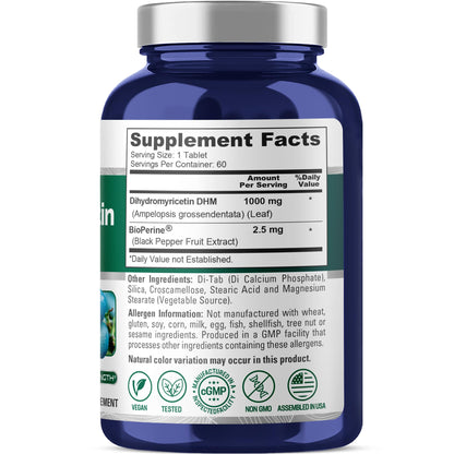NusaPure Dihydromyricetin (DHM) 1,000mg 60 Veggie Tablets (No GMO & 100% Vegetarian) - Maple Wellness Supplements