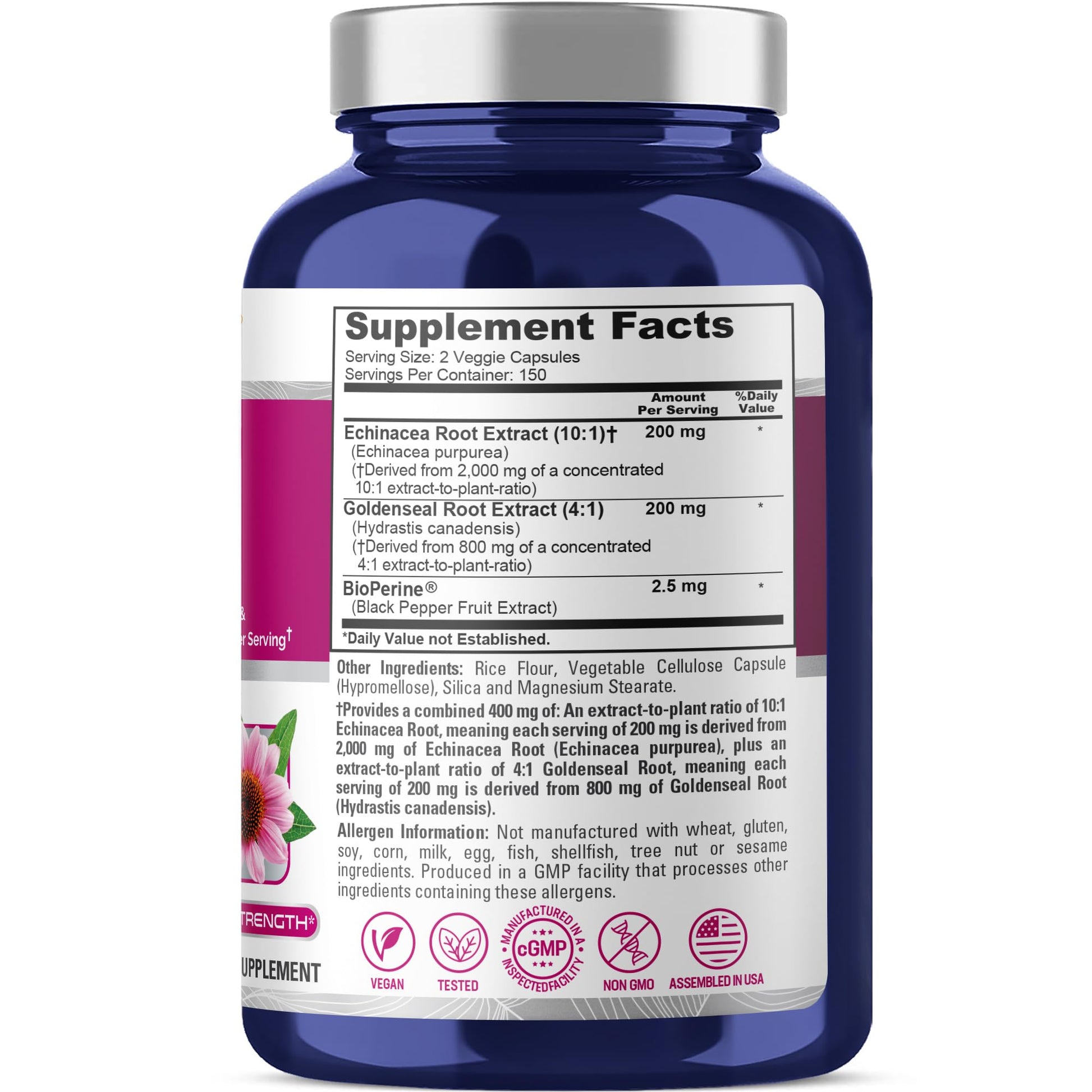NusaPure Echinacea Goldenseal 200mg, (Extract 10:1, Equivalent to 2,000mg), 200mg, (Extract 4:1, Equivalent to 800mg) - 2800mg 300 Veggie Caps (Vegetarian, Non-GMO, Vegan) - Maple Wellness Supplements