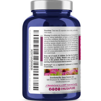 NusaPure Echinacea Goldenseal 200mg, (Extract 10:1, Equivalent to 2,000mg), 200mg, (Extract 4:1, Equivalent to 800mg) - 2800mg 300 Veggie Caps (Vegetarian, Non-GMO, Vegan) - Maple Wellness Supplements