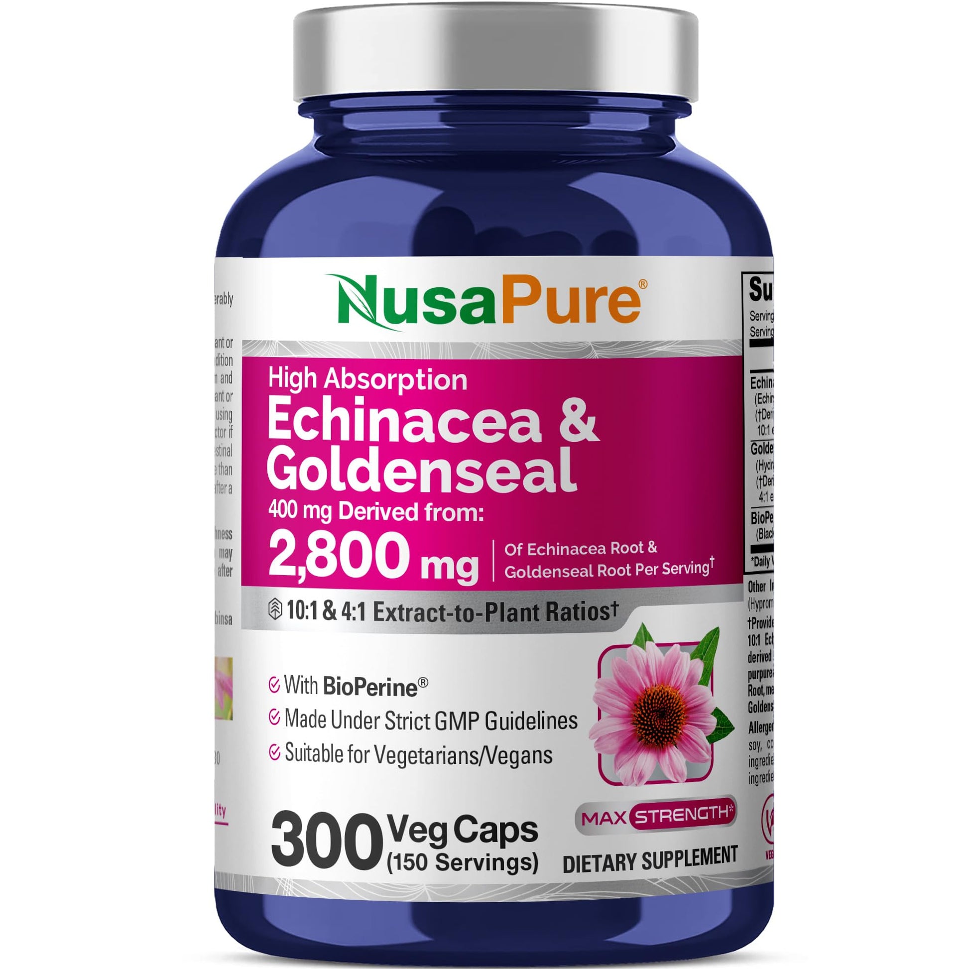 NusaPure Echinacea Goldenseal 200mg, (Extract 10:1, Equivalent to 2,000mg), 200mg, (Extract 4:1, Equivalent to 800mg) - 2800mg 300 Veggie Caps (Vegetarian, Non-GMO, Vegan) - Maple Wellness Supplements