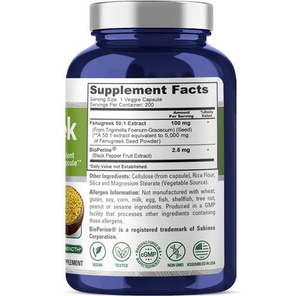 NusaPure Fenugreek Capsules, 50:1 Extract, 100 mg Equivalent to 5,000mg, 200 Veggie Caps, Non-GMO, Vegan - Maple Wellness Supplements