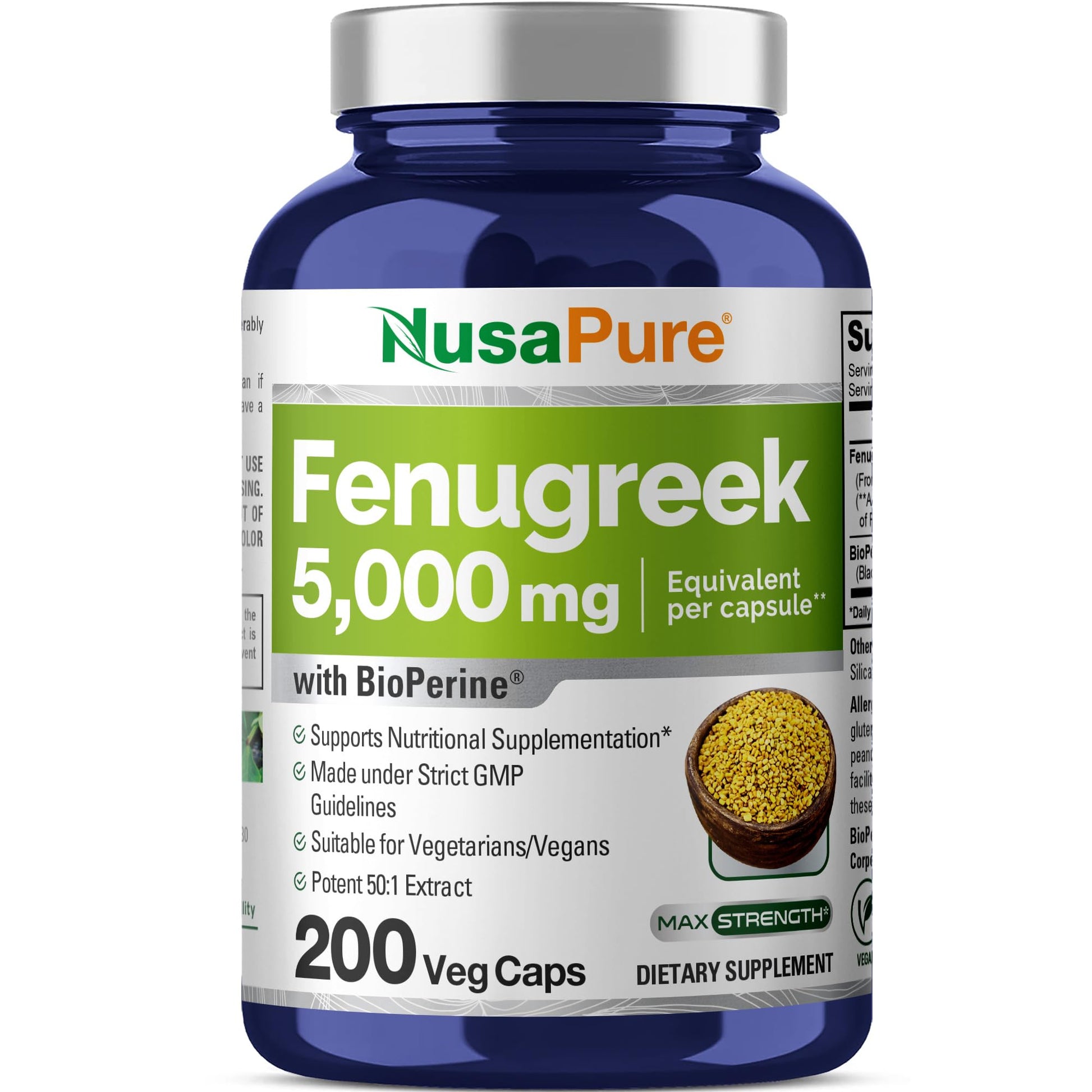 NusaPure Fenugreek Capsules, 50:1 Extract, 100 mg Equivalent to 5,000mg, 200 Veggie Caps, Non-GMO, Vegan - Maple Wellness Supplements