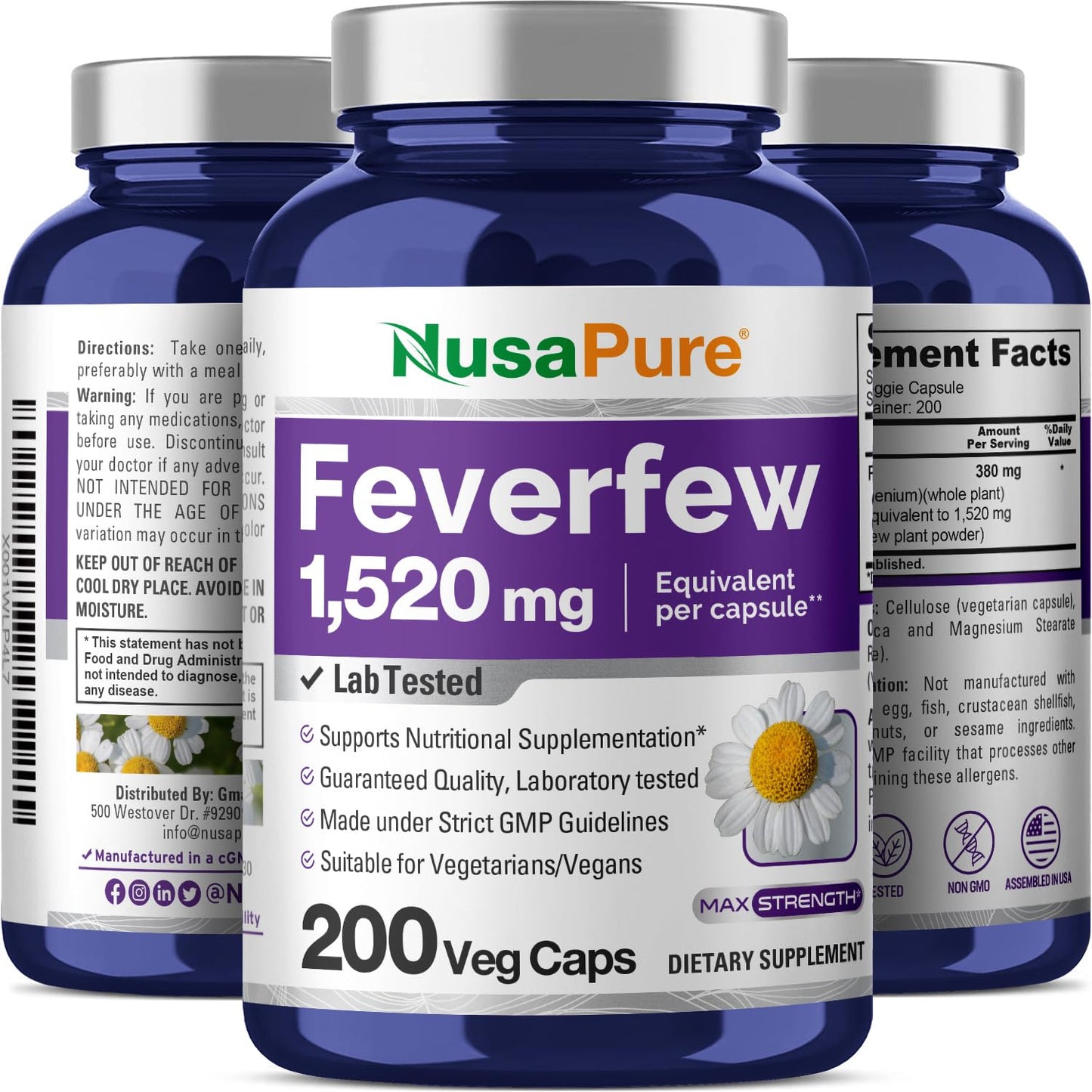 NusaPure Feverfew Extract 4:1 - Suitable for Vegetarian/Vegan, Non - GMO - 1520mg 200 Capsules - Maple Wellness Supplements