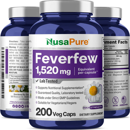 NusaPure Feverfew Extract 4:1 - Suitable for Vegetarian/Vegan, Non - GMO - 1520mg 200 Capsules - Maple Wellness Supplements
