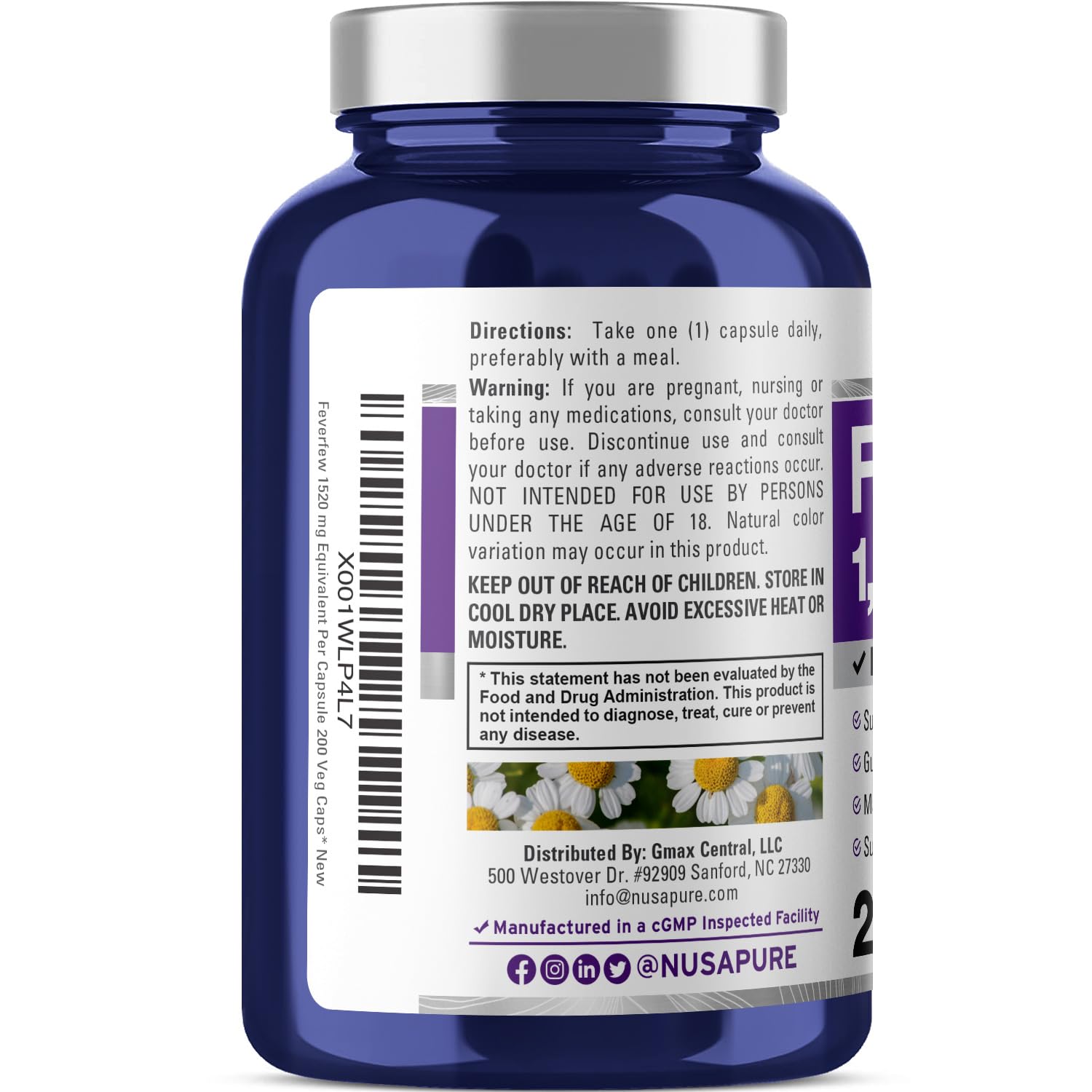 NusaPure Feverfew Extract 4:1 - Suitable for Vegetarian/Vegan, Non - GMO - 1520mg 200 Capsules - Maple Wellness Supplements