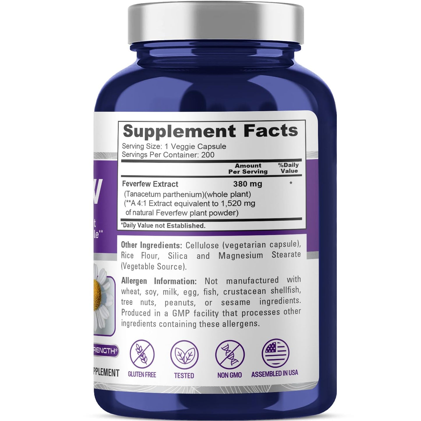 NusaPure Feverfew Extract 4:1 - Suitable for Vegetarian/Vegan, Non - GMO - 1520mg 200 Capsules - Maple Wellness Supplements
