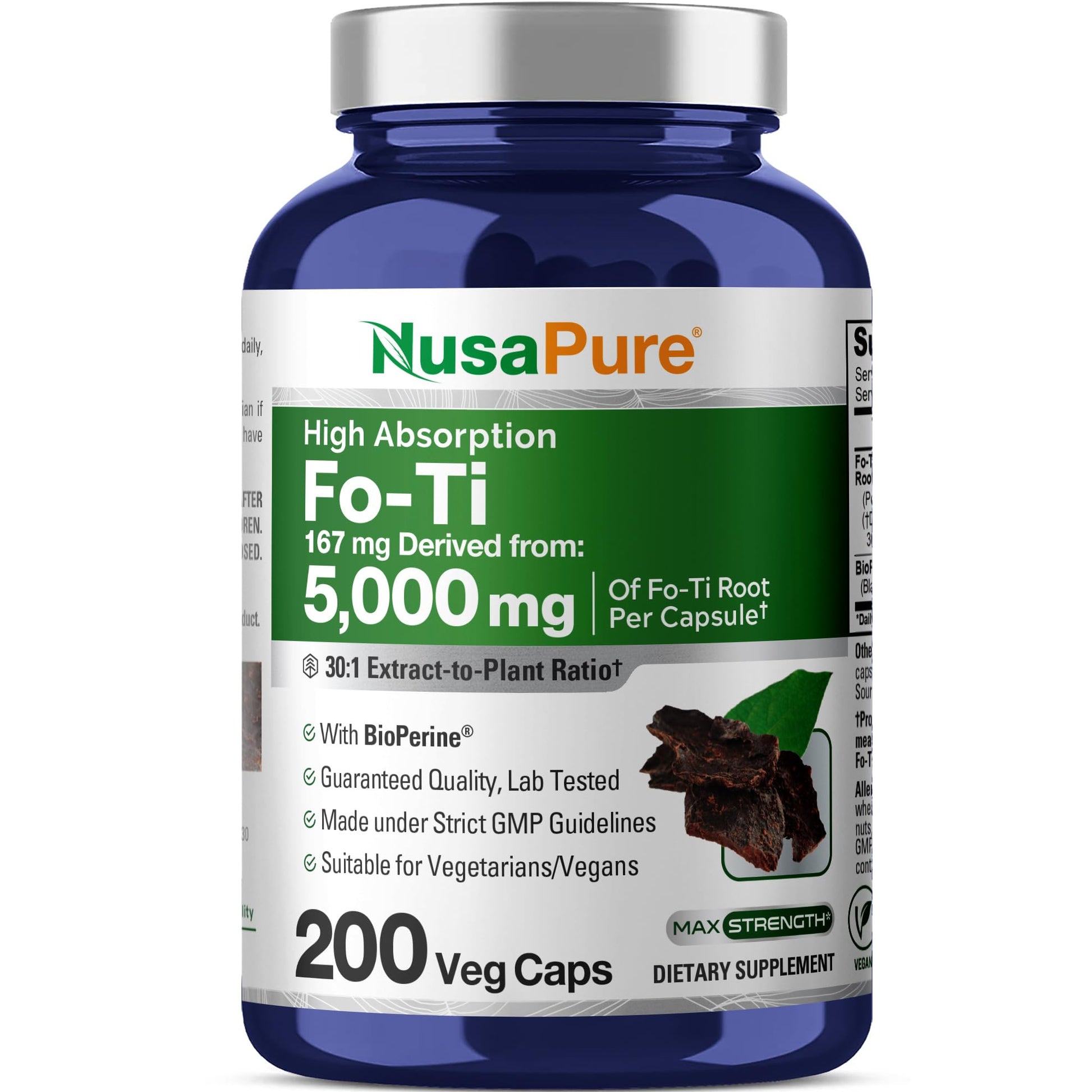 NusaPure Fo-Ti 30:1 Extract, 167 mg Equivalent to 5000mg per Veg Caps, 200 Count, Non-GMO, Vegan, Bioperine - Maple Wellness Supplements