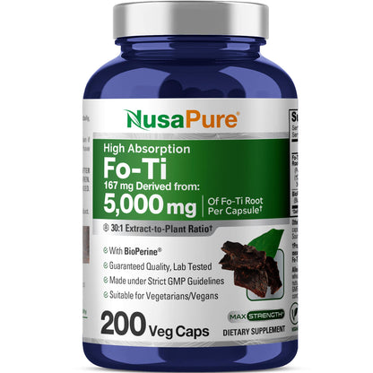 NusaPure Fo-Ti 30:1 Extract, 167 mg Equivalent to 5000mg per Veg Caps, 200 Count, Non-GMO, Vegan, Bioperine - Maple Wellness Supplements