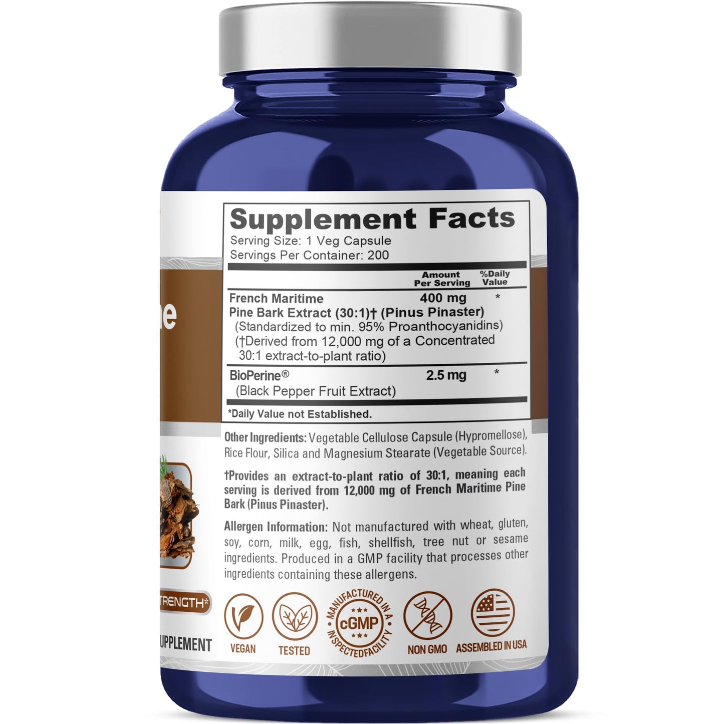 NusaPure French Maritime Pine Bark 30:1 Extract, 400 mg Equivalent to 12,000 mg Per Veggie Caps 200-Day Supply, Bioperine (Non-GMO & Vegan) - Maple Wellness Supplements