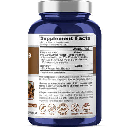 NusaPure French Maritime Pine Bark 30:1 Extract, 400 mg Equivalent to 12,000 mg Per Veggie Caps 200-Day Supply, Bioperine (Non-GMO & Vegan) - Maple Wellness Supplements