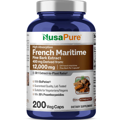 NusaPure French Maritime Pine Bark 30:1 Extract, 400 mg Equivalent to 12,000 mg Per Veggie Caps 200-Day Supply, Bioperine (Non-GMO & Vegan) - Maple Wellness Supplements