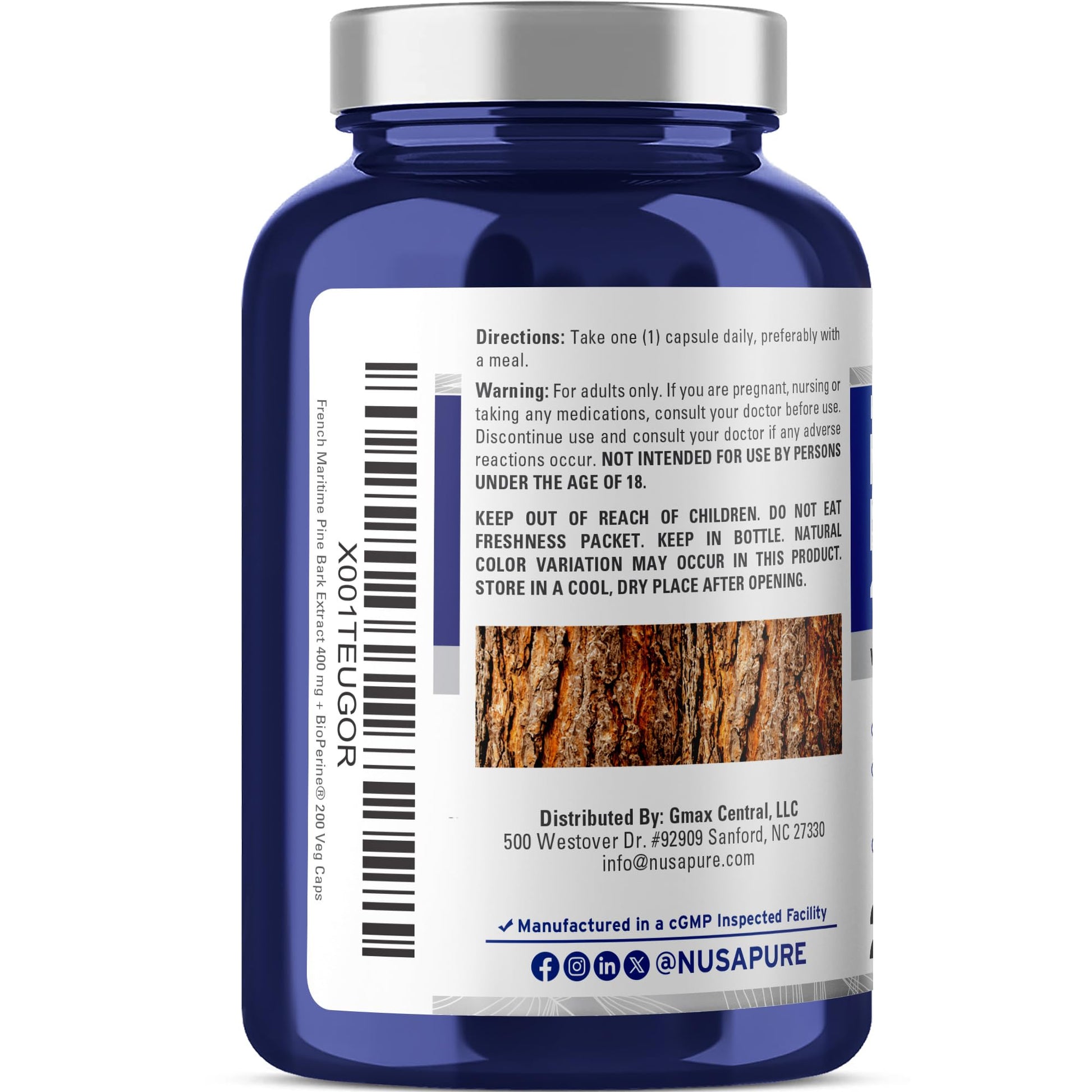 NusaPure French Maritime Pine Bark Extract 400mg per Veggie Caps 200-Day Supply Bioperine Non-GMO Vegan - Maple Wellness Supplements