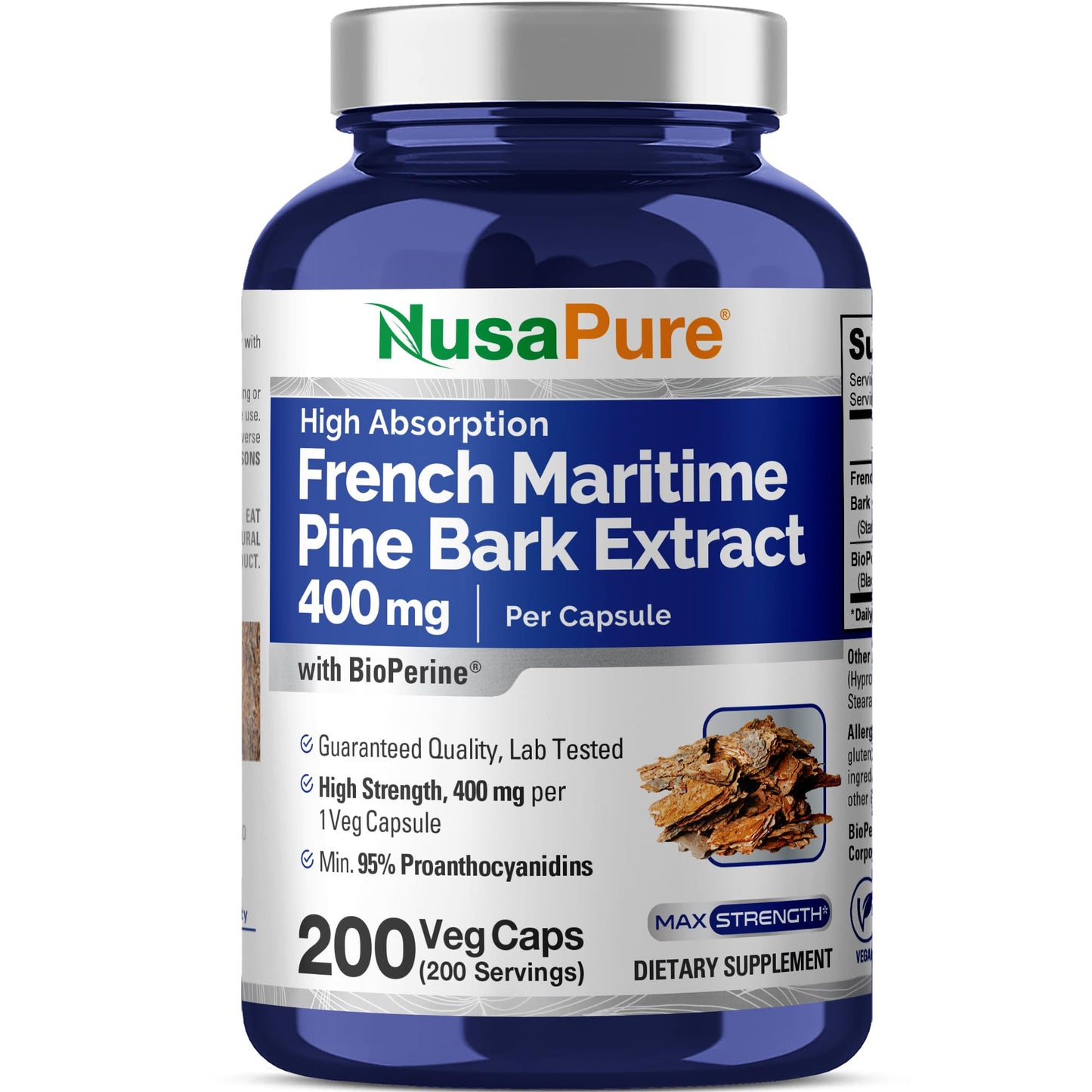 NusaPure French Maritime Pine Bark Extract 400mg per Veggie Caps 200-Day Supply Bioperine Non-GMO Vegan - Maple Wellness Supplements