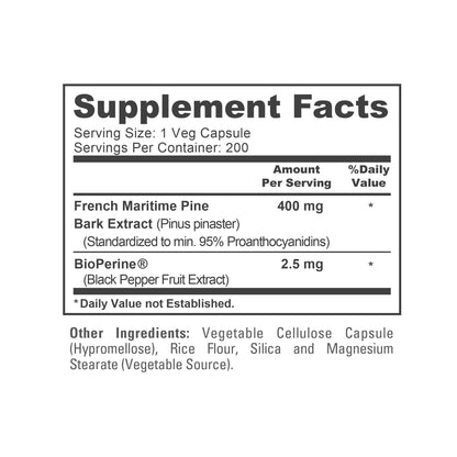 NusaPure French Maritime Pine Bark Extract 400mg per Veggie Caps 200-Day Supply Bioperine Non-GMO Vegan - Maple Wellness Supplements