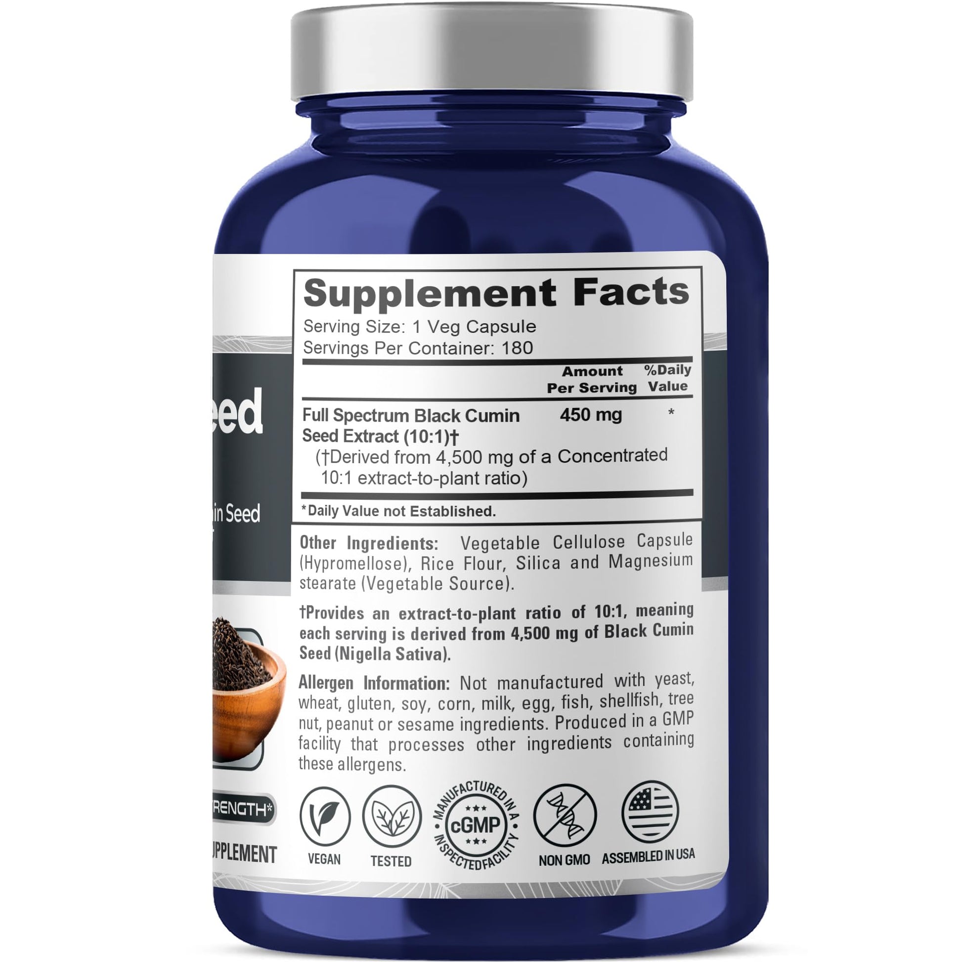 NusaPure Full Spectrum Black Cumin Seed 10:1 Extract, 450 mg Equivalent to 4,500mg 180 Veggie Powder Caps Non-GMO, Vegan Non-Oily - Maple Wellness Supplements