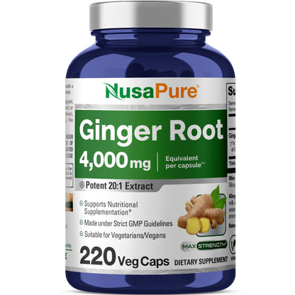 NusaPure Ginger Root Capsules 20:1 Extract, 200 mg Equivalent to 4,000mg per Veggie Caps | 220 Count | Non-GMO & Vegan - Maple Wellness Supplements