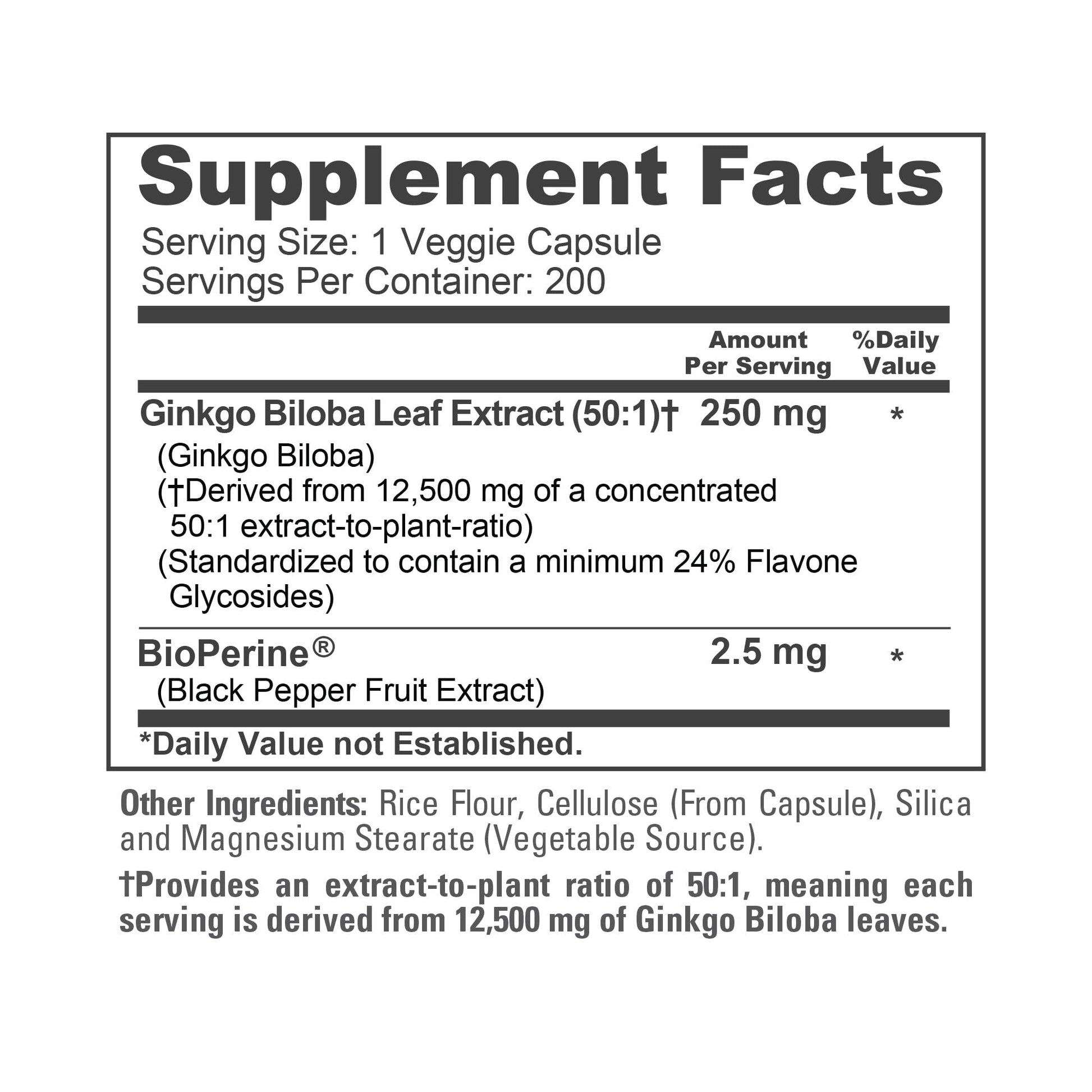NusaPure Ginkgo Biloba 50:1 Extract, 250 mg Equivalent to 12,500 mg per Veggie Caps 200 Capsules (Vegetarian, Non-GMO, Vegan) Bioperine - Maple Wellness Supplements