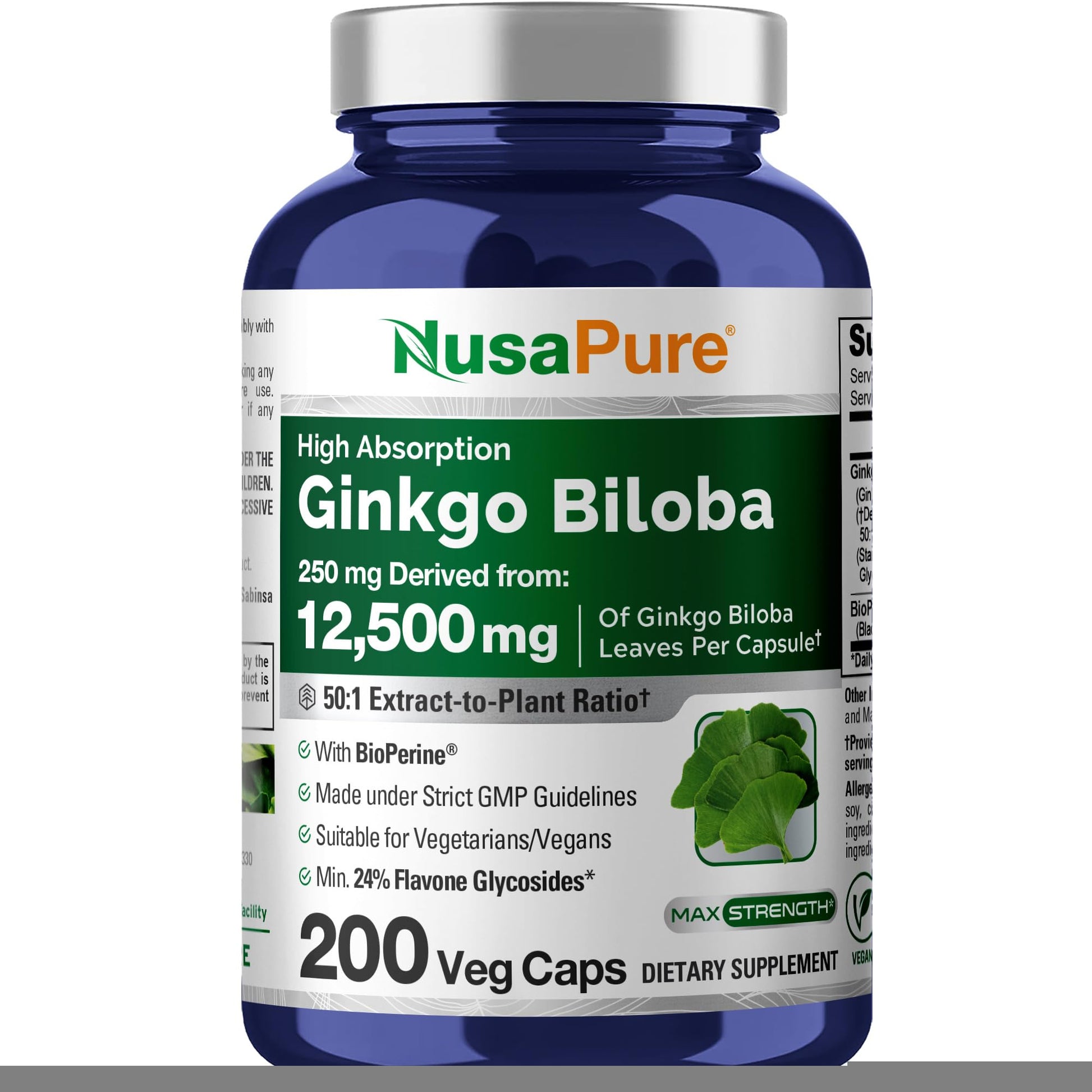 NusaPure Ginkgo Biloba 50:1 Extract, 250 mg Equivalent to 12,500 mg per Veggie Caps 200 Capsules (Vegetarian, Non-GMO, Vegan) Bioperine - Maple Wellness Supplements