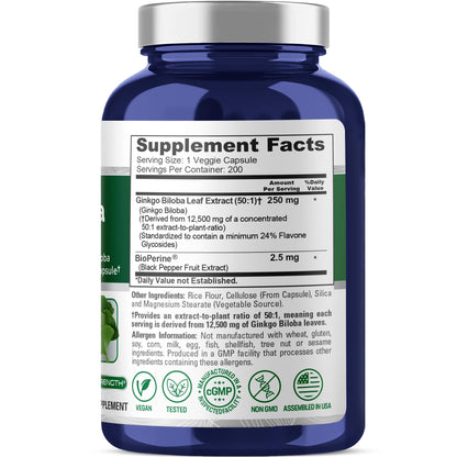 NusaPure Ginkgo Biloba 50:1 Extract, 250 mg Equivalent to 12,500 mg per Veggie Caps 200 Capsules (Vegetarian, Non-GMO, Vegan) Bioperine - Maple Wellness Supplements