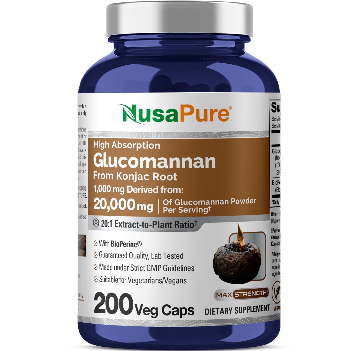 NusaPure Glucomannan 20,000 mg per Serving 200 VCaps (20:1 Extract, BioPerine Non-GMO, Vegan) Konjac Root - Maple Wellness Supplements