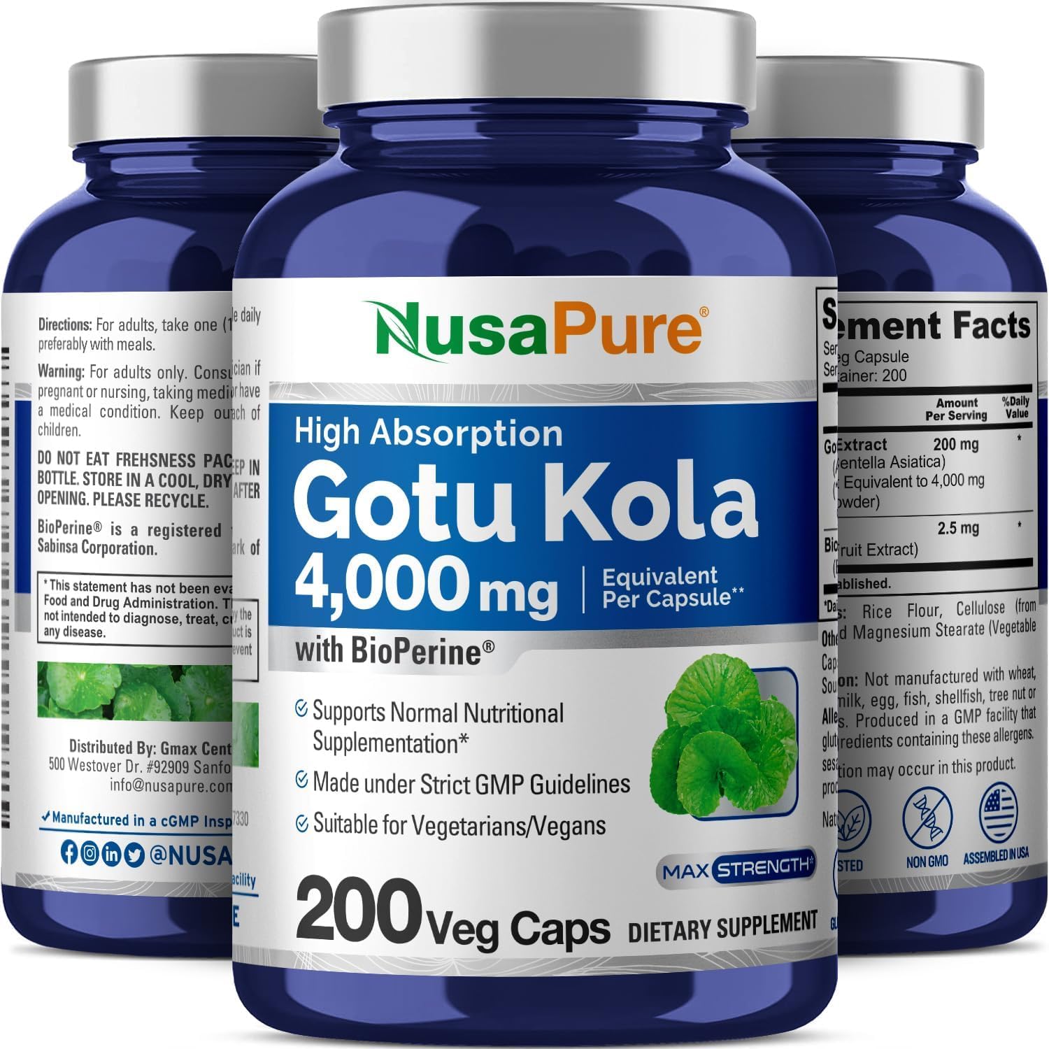 NusaPure Gotu Kola Capsules 20:1 Extract, 200 mg Equivalent to 4000mg Per Veggie Caps, 200 Count, Non-GMO, Vegan, Bioperine - Traditional Herb Extract - Maple Wellness Supplements