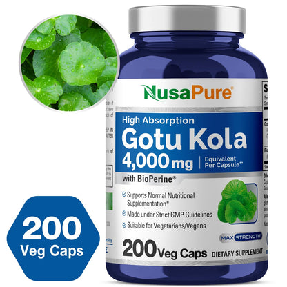 NusaPure Gotu Kola Capsules 20:1 Extract, 200 mg Equivalent to 4000mg Per Veggie Caps, 200 Count, Non-GMO, Vegan, Bioperine - Traditional Herb Extract - Maple Wellness Supplements