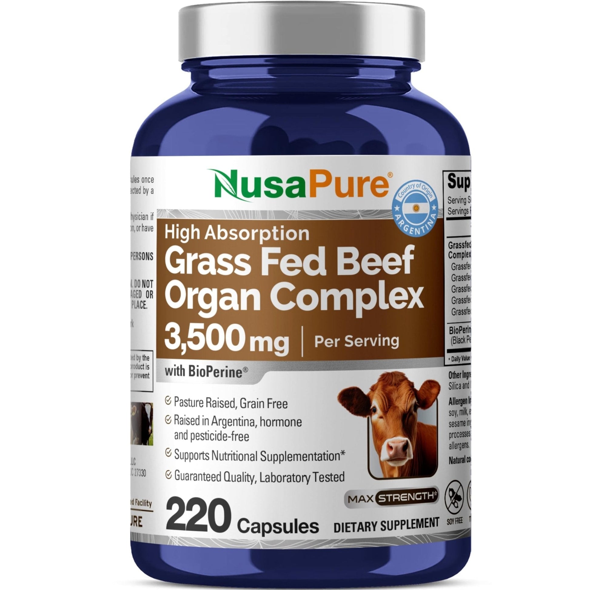 NusaPure Grass Fed Beef Organ Complex | 220 Capsules | Pasture Raised | with Desiccated Liver, Kidney, Pancreas, Heart, Spleen | Soyfree Non-GMO, Bioperine - Maple Wellness Supplements