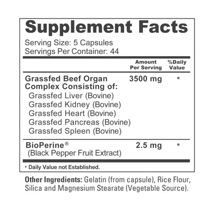 NusaPure Grass Fed Beef Organ Complex | 220 Capsules | Pasture Raised | with Desiccated Liver, Kidney, Pancreas, Heart, Spleen | Soyfree Non-GMO, Bioperine - Maple Wellness Supplements