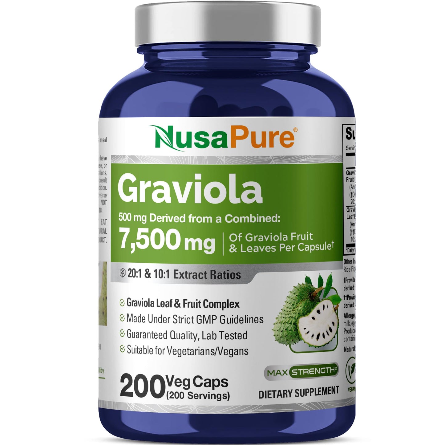 NusaPure Graviola 20:1 & 10:1 Extract - Suitable for Vegetarian/Vegan, Non- GMO - 7500 mg - 200 Capsules - Maple Wellness Supplements