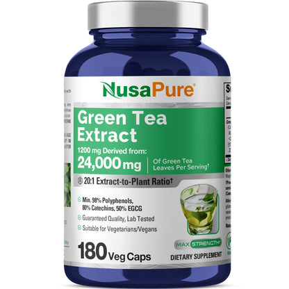 NusaPure Green Tea 20:1 Extract, 1200 mg Equivalent to 24000mg, 180 Vegan Capsules, 50% EGCG, 98% Polyphenols, 80% Catechins - Maple Wellness Supplements
