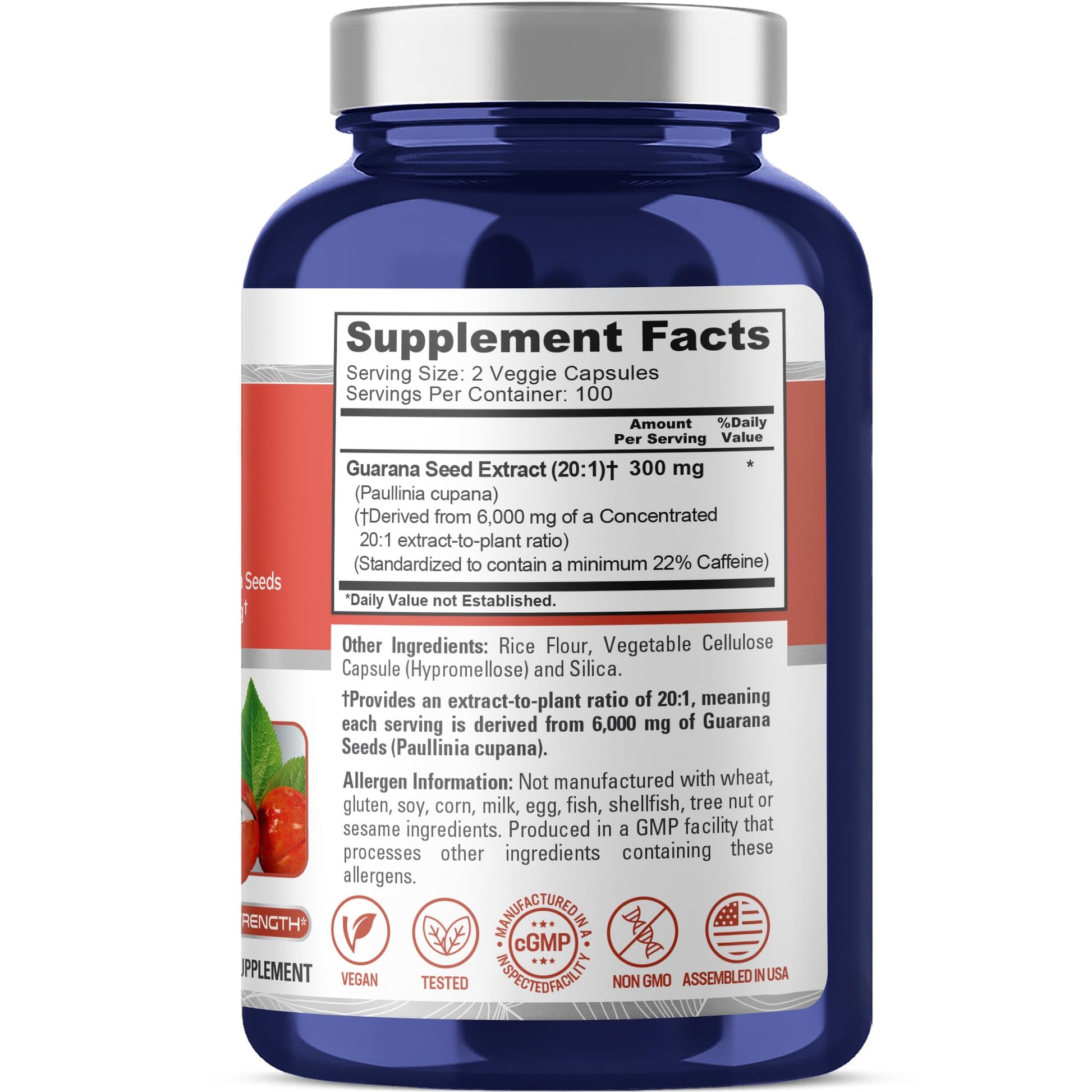 NusaPure Guarana Extract 20:1 Extract, 300 mg Equivalent to 6,000 mg per Veggie Caps 200 Count (Non-GMO, Vegan) - Maple Wellness Supplements