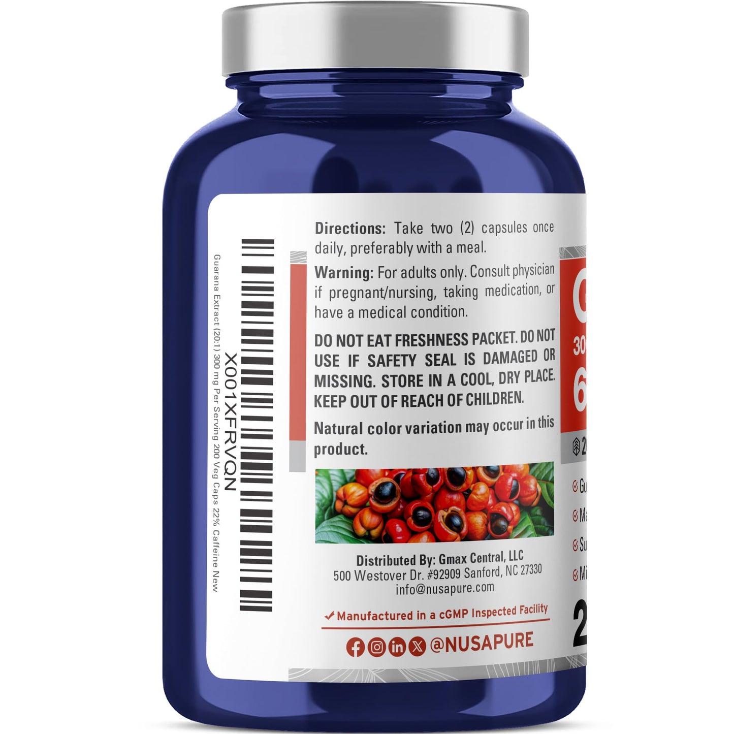 NusaPure Guarana Extract 20:1 Extract, 300 mg Equivalent to 6,000 mg per Veggie Caps 200 Count (Non-GMO, Vegan) - Maple Wellness Supplements