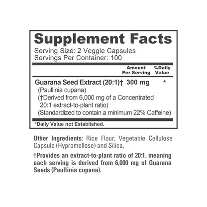 NusaPure Guarana Extract 20:1 Extract, 300 mg Equivalent to 6,000 mg per Veggie Caps 200 Count (Non-GMO, Vegan) - Maple Wellness Supplements