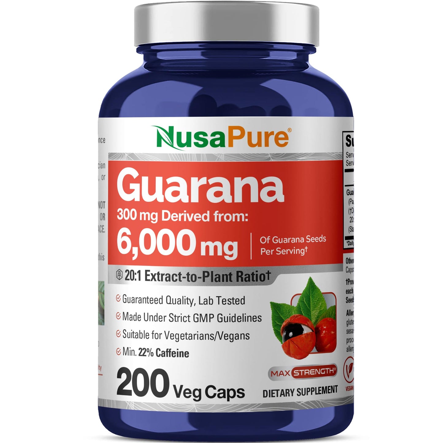 NusaPure Guarana Extract 20:1 Extract, 300 mg Equivalent to 6,000 mg per Veggie Caps 200 Count (Non-GMO, Vegan) - Maple Wellness Supplements