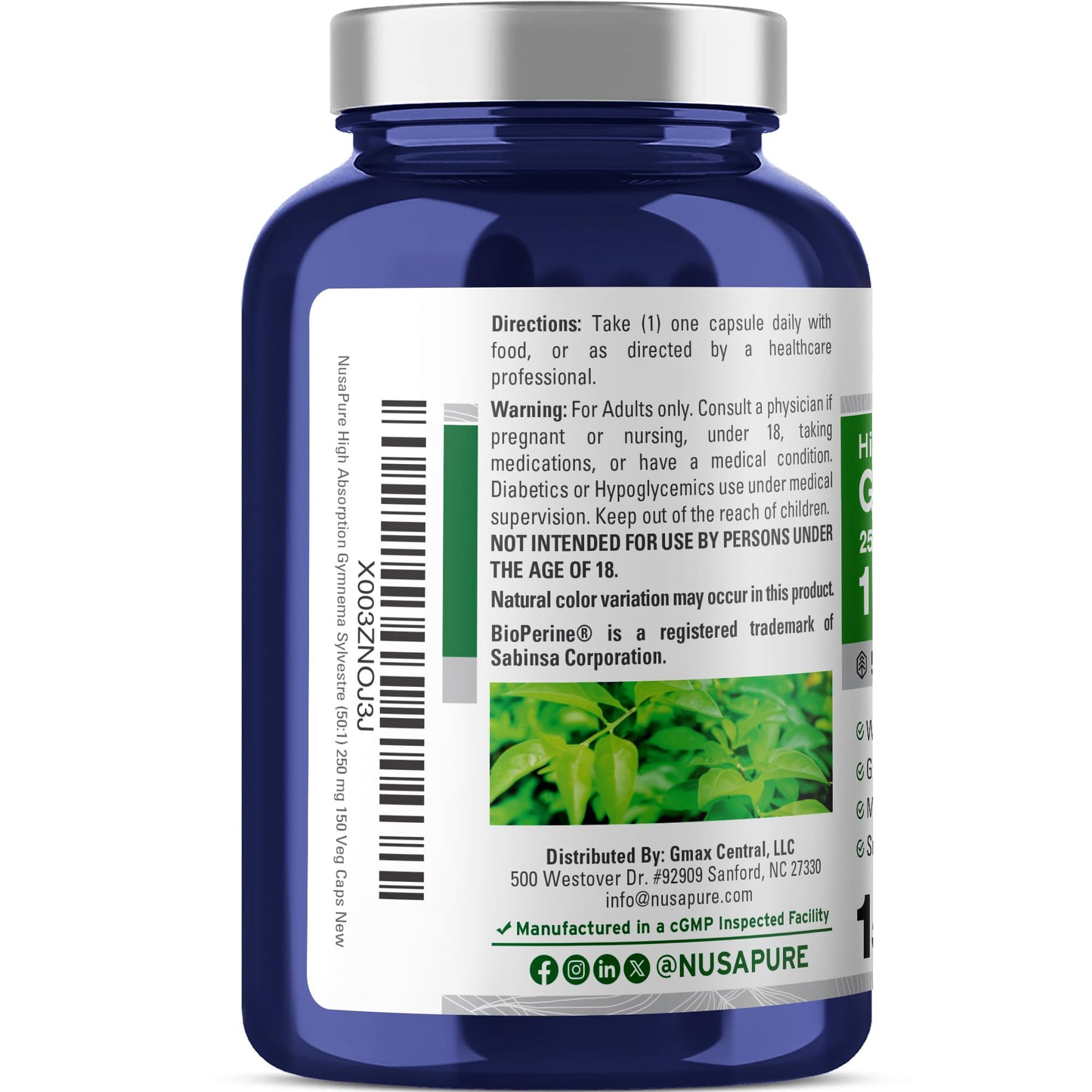 NusaPure Gymnema Sylvestre 50:1 Extract, 250 mg Equivalent to 12,500mg Per Vegan Caps - 150 Count (Non-GMO, Vegan, Bioperine) - Maple Wellness Supplements