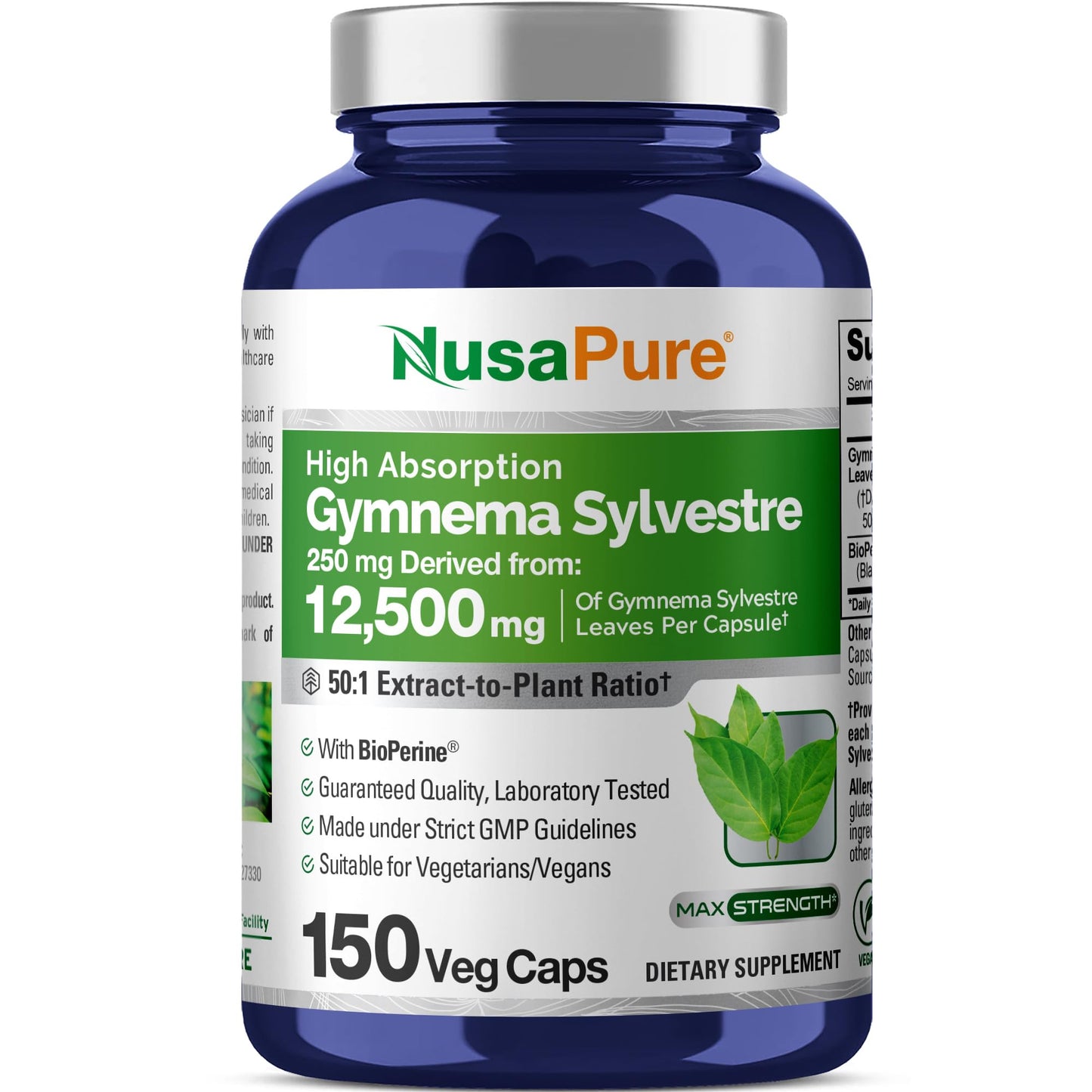 NusaPure Gymnema Sylvestre 50:1 Extract, 250 mg Equivalent to 12,500mg Per Vegan Caps - 150 Count (Non-GMO, Vegan, Bioperine) - Maple Wellness Supplements