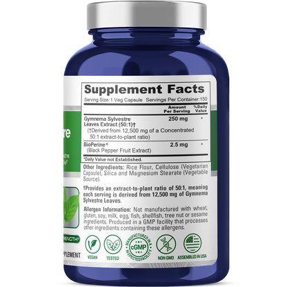 NusaPure Gymnema Sylvestre 50:1 Extract, 250 mg Equivalent to 12,500mg Per Vegan Caps - 150 Count (Non-GMO, Vegan, Bioperine) - Maple Wellness Supplements