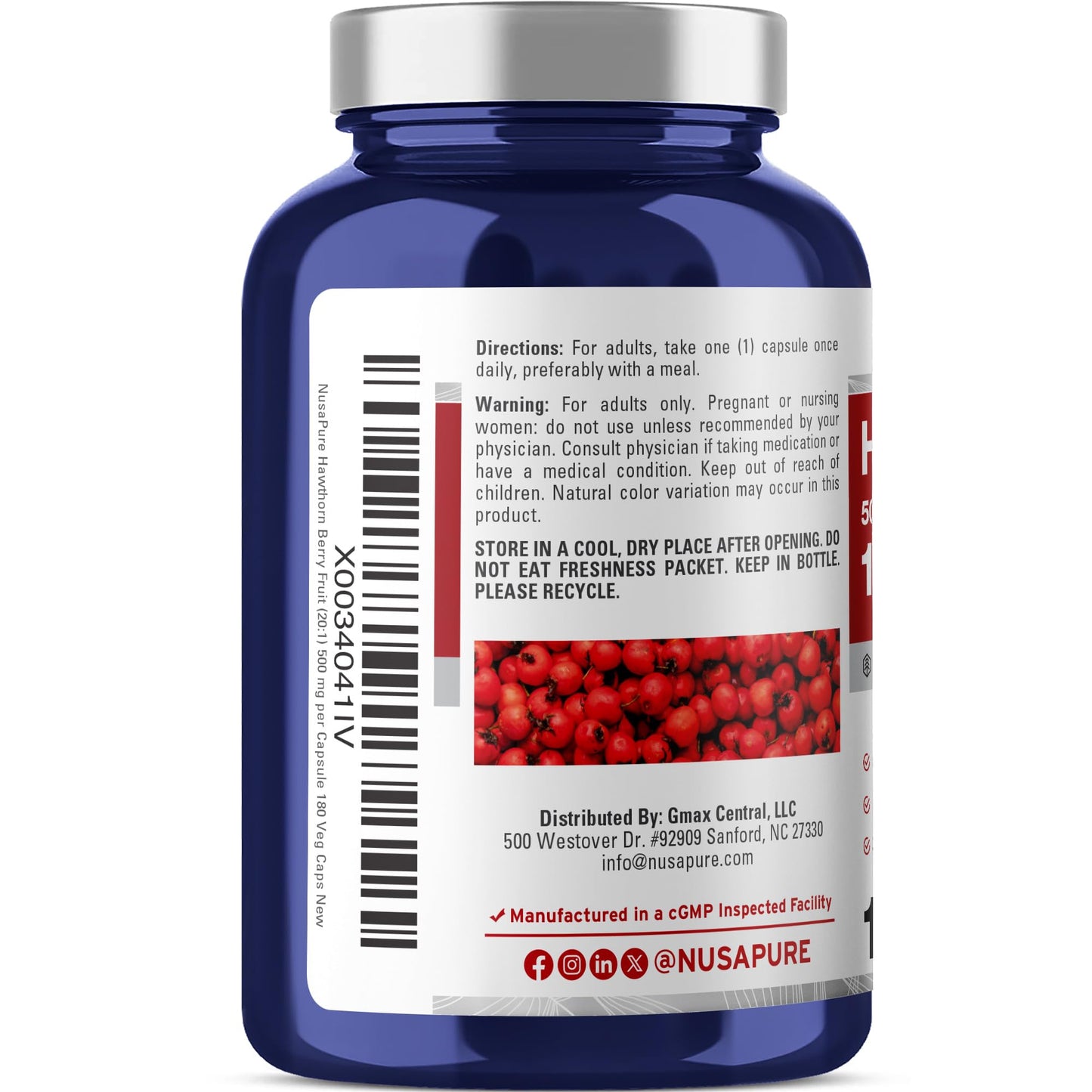 NusaPure Hawthorn Berry 20:1 Extract, 500 mg Equivalent to 10,000 mg 180 Veg Caps, Suitable for Vegetarians, Vegan, Non-GMO Dietary Supplement - Maple Wellness Supplements