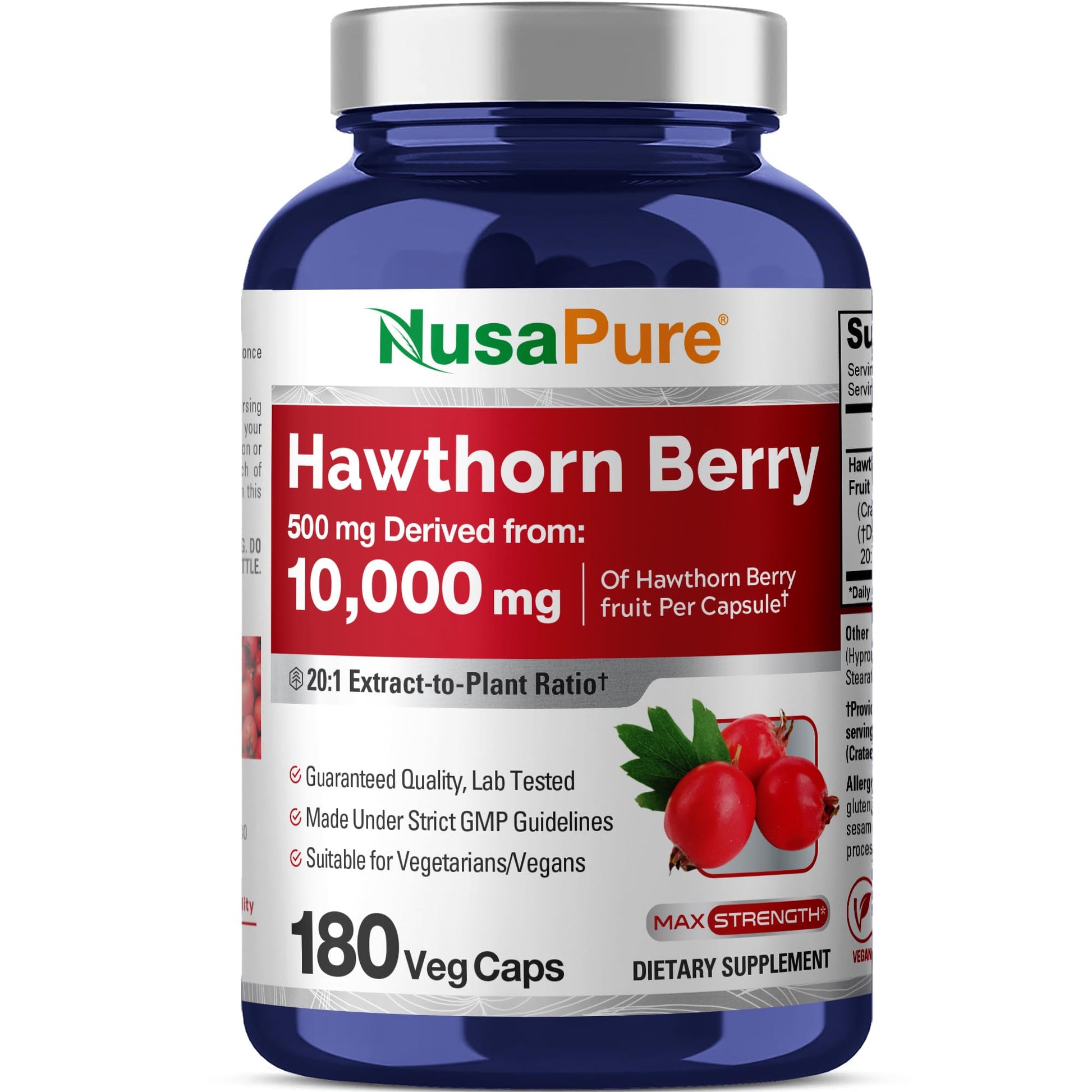 NusaPure Hawthorn Berry 20:1 Extract, 500 mg Equivalent to 10,000 mg 180 Veg Caps, Suitable for Vegetarians, Vegan, Non-GMO Dietary Supplement - Maple Wellness Supplements