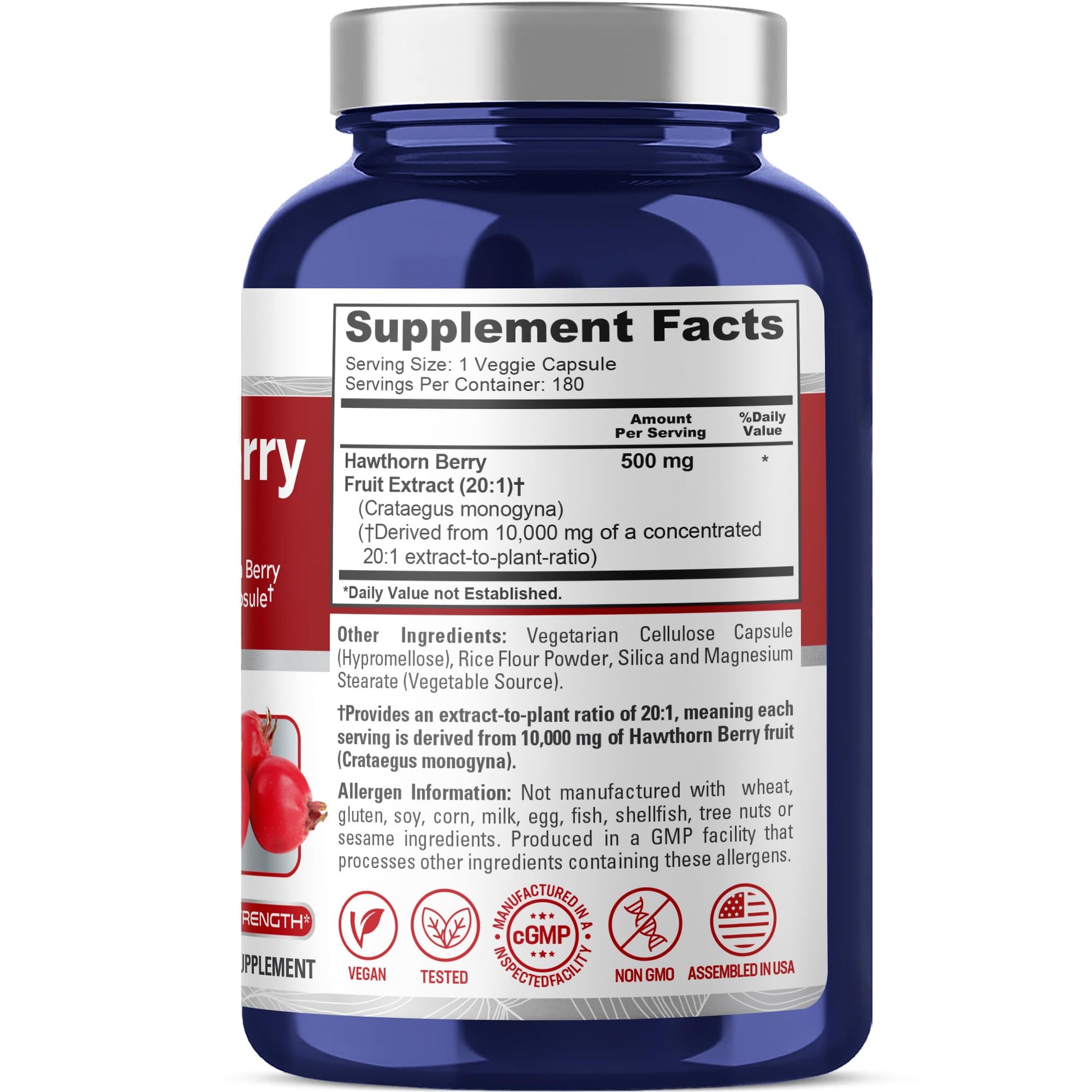 NusaPure Hawthorn Berry 20:1 Extract, 500 mg Equivalent to 10,000 mg 180 Veg Caps, Suitable for Vegetarians, Vegan, Non-GMO Dietary Supplement - Maple Wellness Supplements