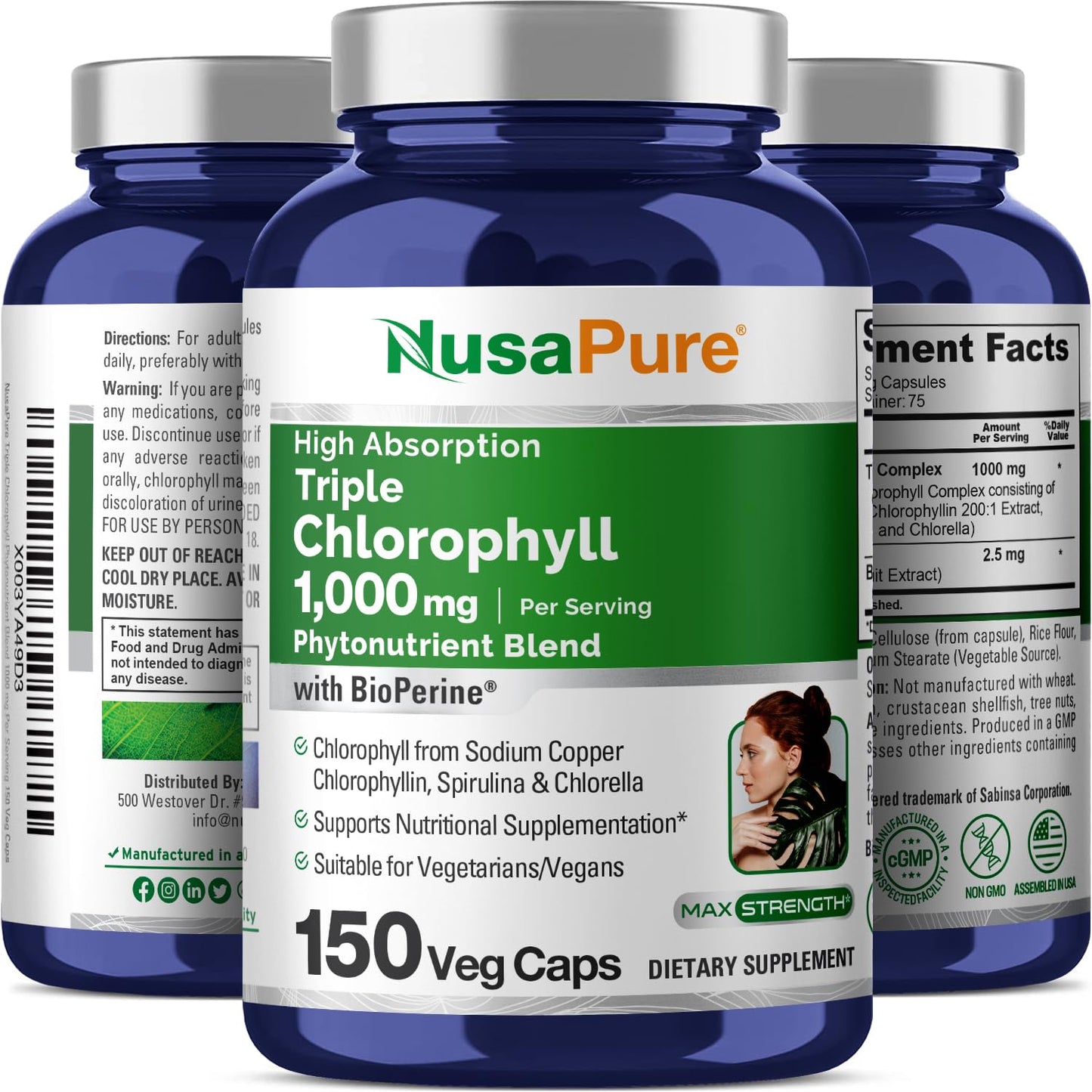 NusaPure High Absorption Triple Chlorophyll 1000 mg 150 Veg Caps Suitable for Vegetarians and Vegans, Non-GMO - Maple Wellness Supplements
