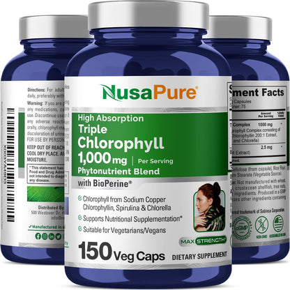NusaPure High Absorption Triple Chlorophyll 1000 mg 150 Veg Caps Suitable for Vegetarians and Vegans, Non-GMO - Maple Wellness Supplements