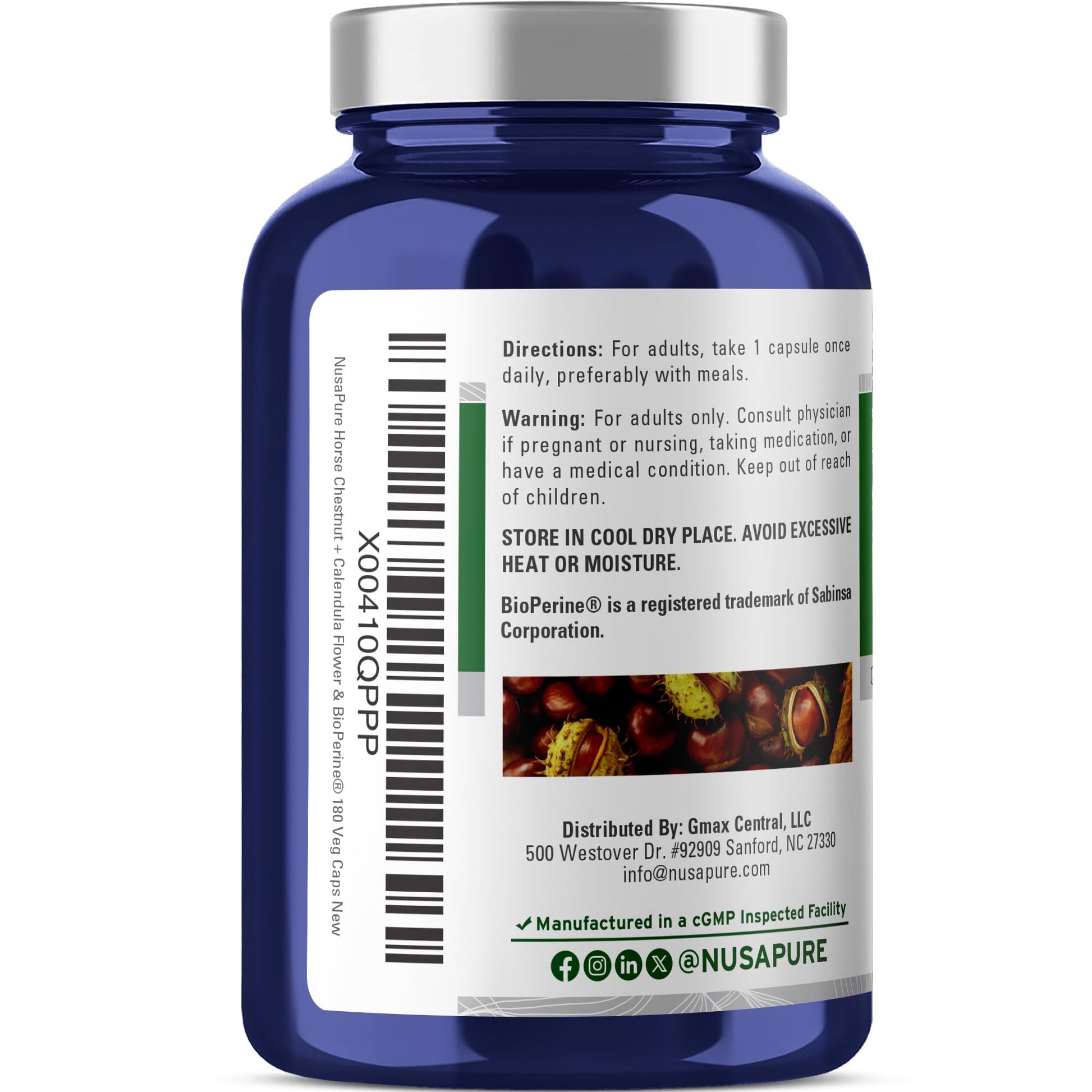 NusaPure Horse Chestnut 20:1 Extract, 300 mg Equivalent to 6,000mg 180 Veggie Caps Non-GMO, Vegan, BioPerine, Calendula Flower - Maple Wellness Supplements