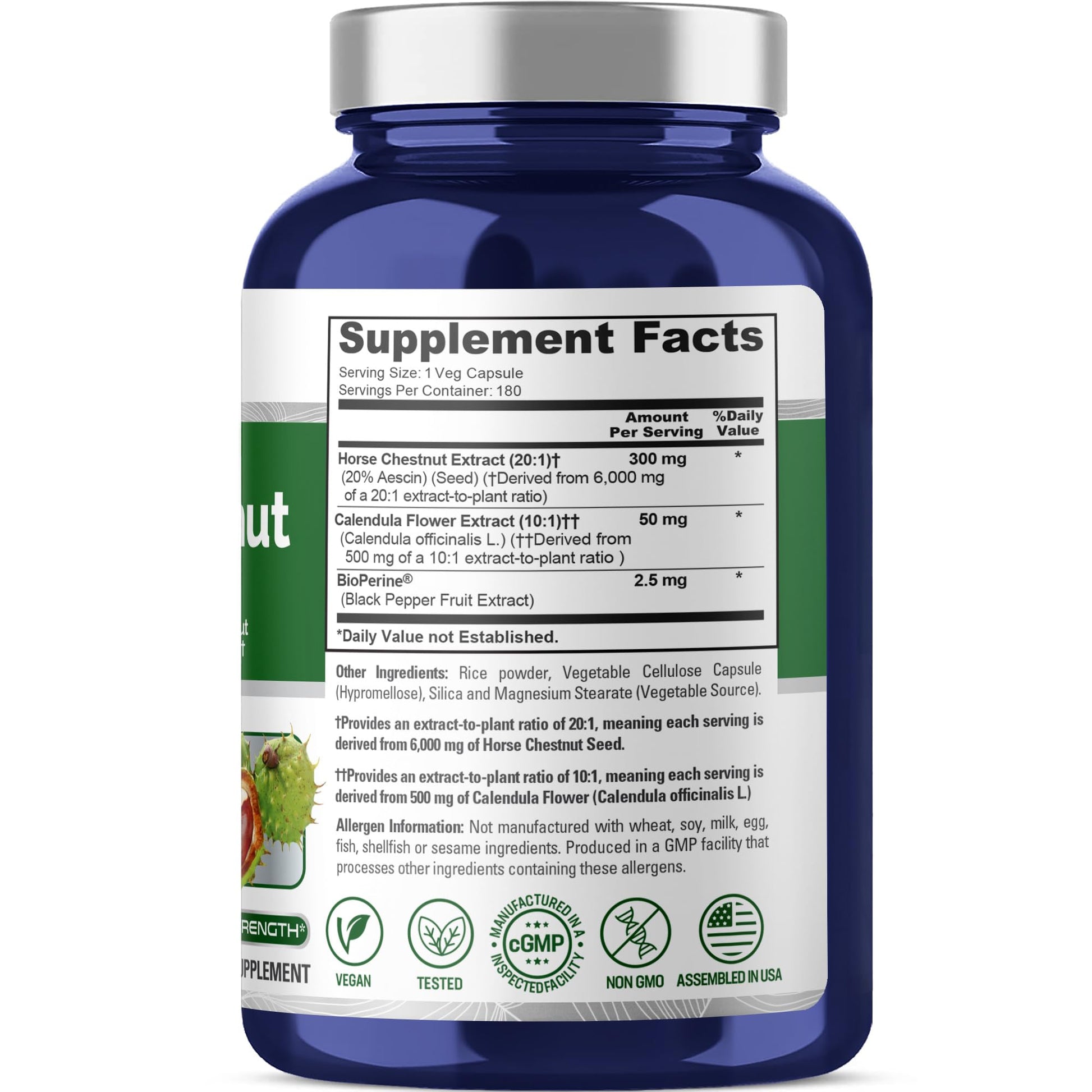 NusaPure Horse Chestnut 20:1 Extract, 300 mg Equivalent to 6,000mg 180 Veggie Caps Non-GMO, Vegan, BioPerine, Calendula Flower - Maple Wellness Supplements
