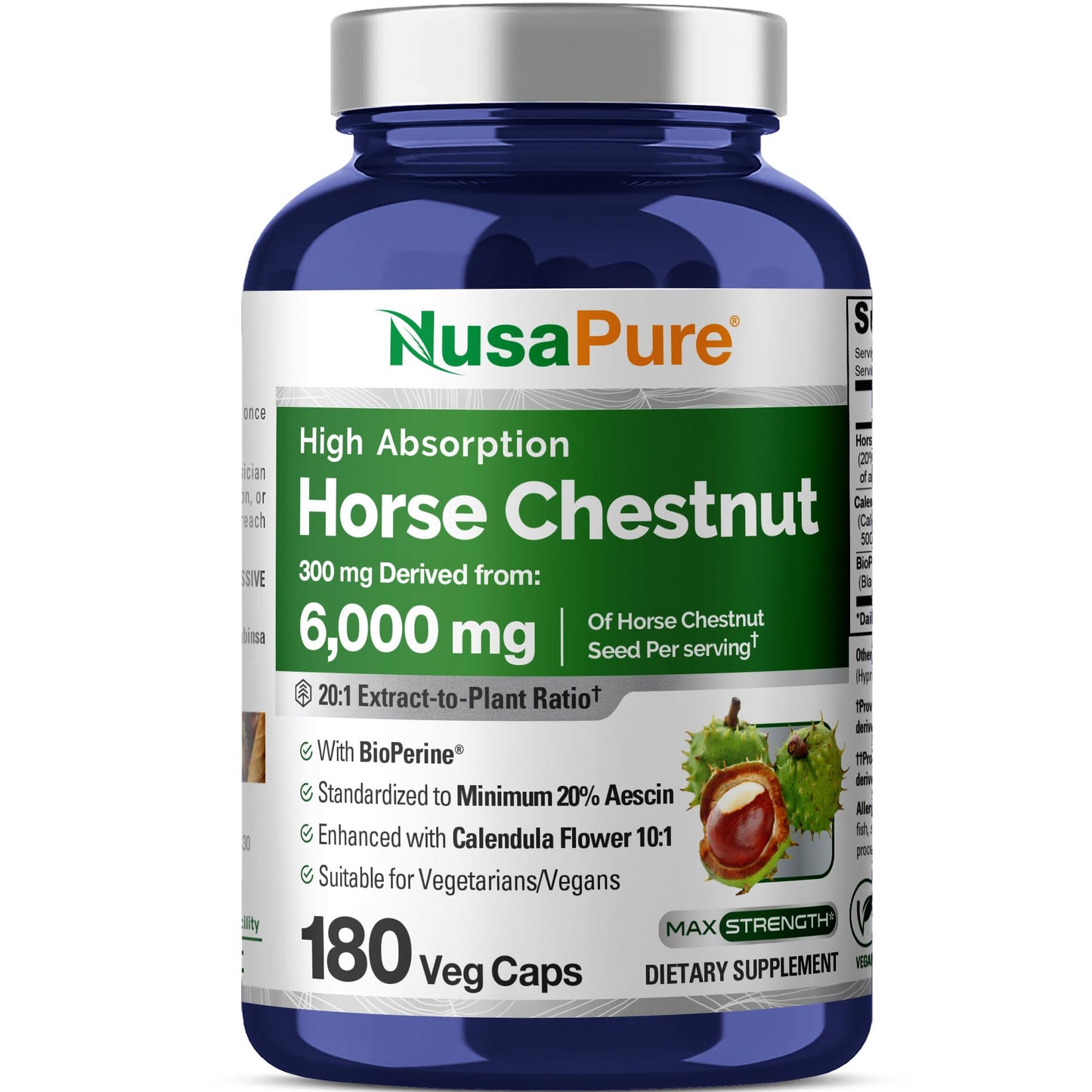 NusaPure Horse Chestnut 20:1 Extract, 300 mg Equivalent to 6,000mg 180 Veggie Caps Non-GMO, Vegan, BioPerine, Calendula Flower - Maple Wellness Supplements