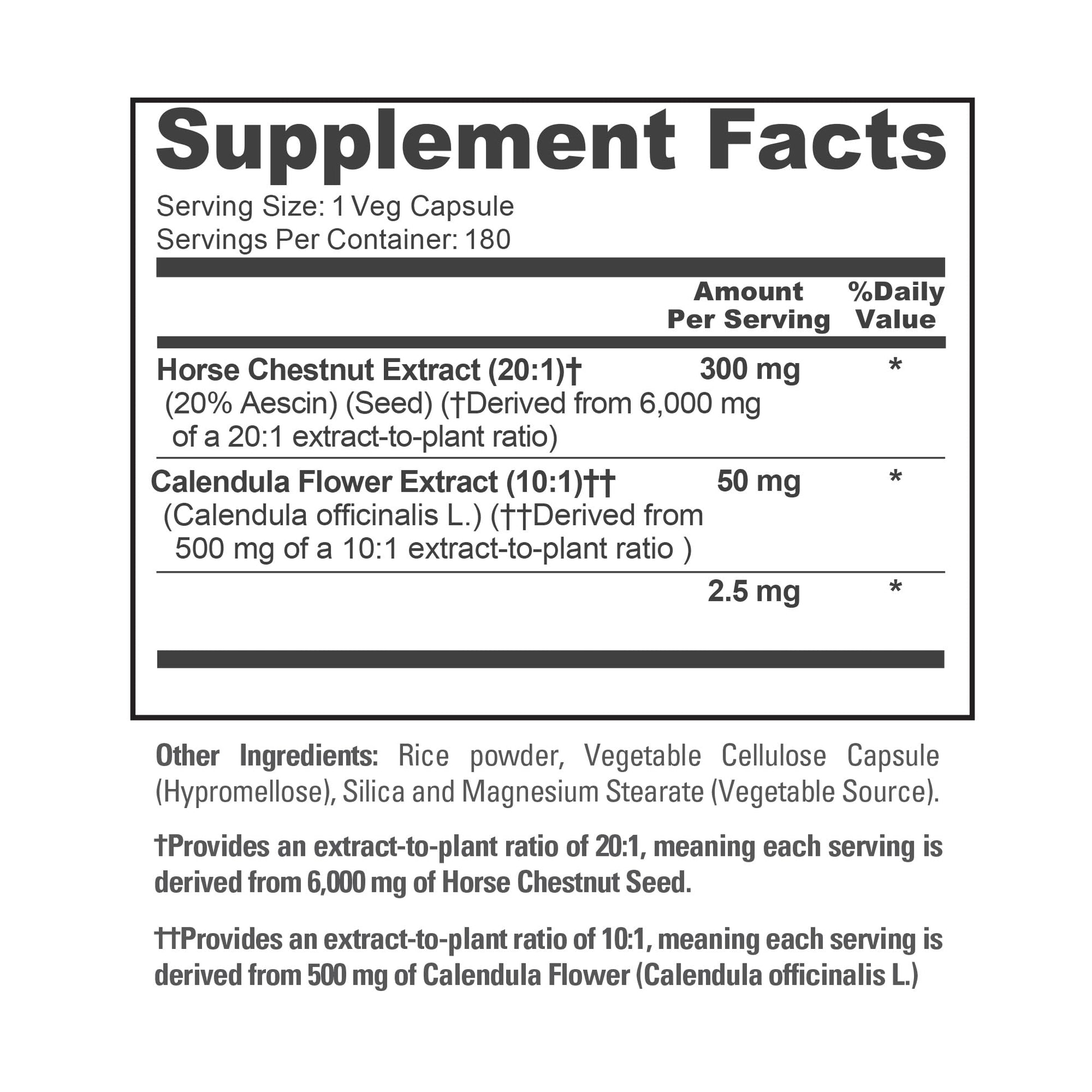 NusaPure Horse Chestnut 20:1 Extract, 300 mg Equivalent to 6,000mg 180 Veggie Caps Non-GMO, Vegan, BioPerine, Calendula Flower - Maple Wellness Supplements