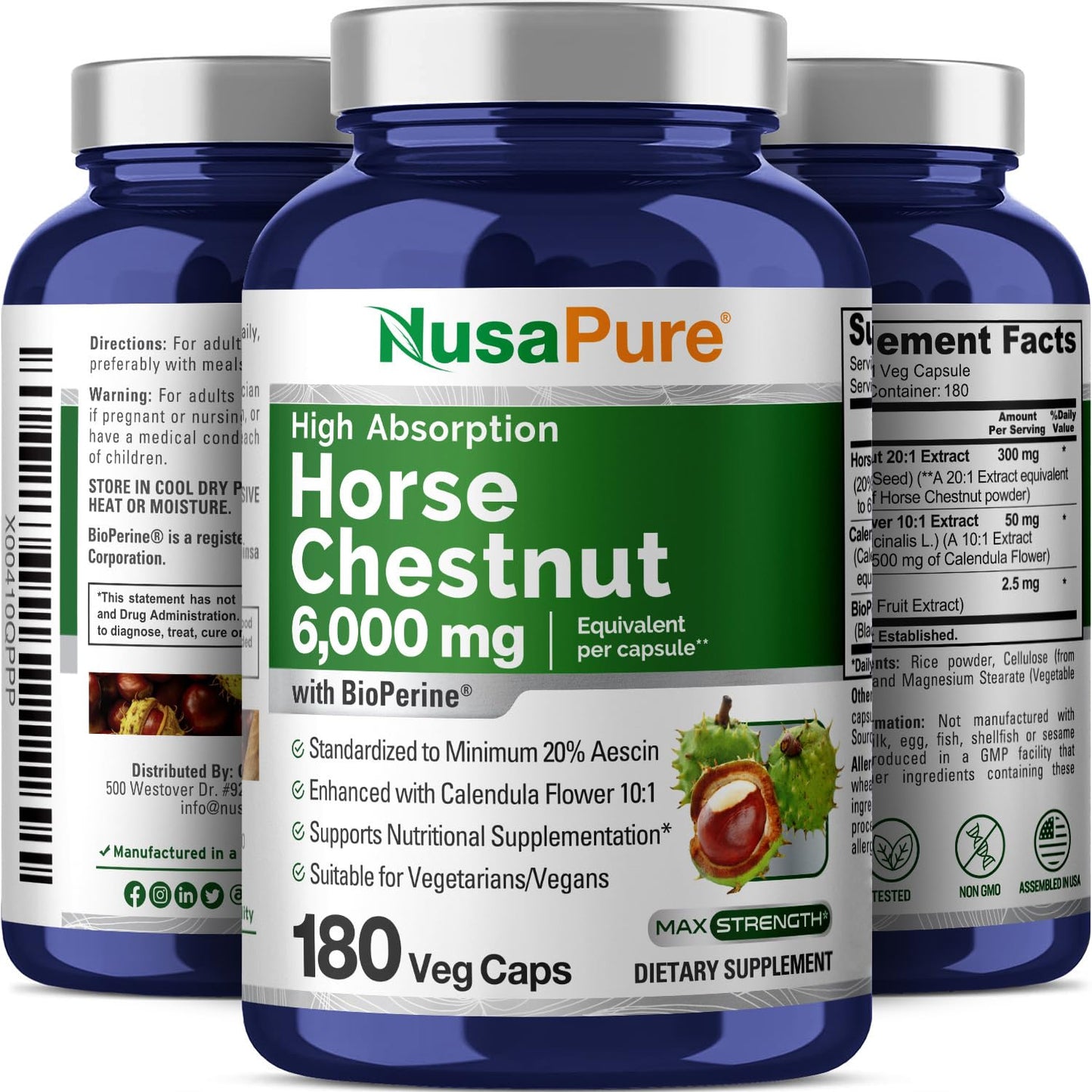 NusaPure Horse Chestnut 20:1 Extract, 300 mg Equivalent to 6,000mg 180 Veggie Caps Non-GMO, Vegan, BioPerine, Calendula Flower - Maple Wellness Supplements