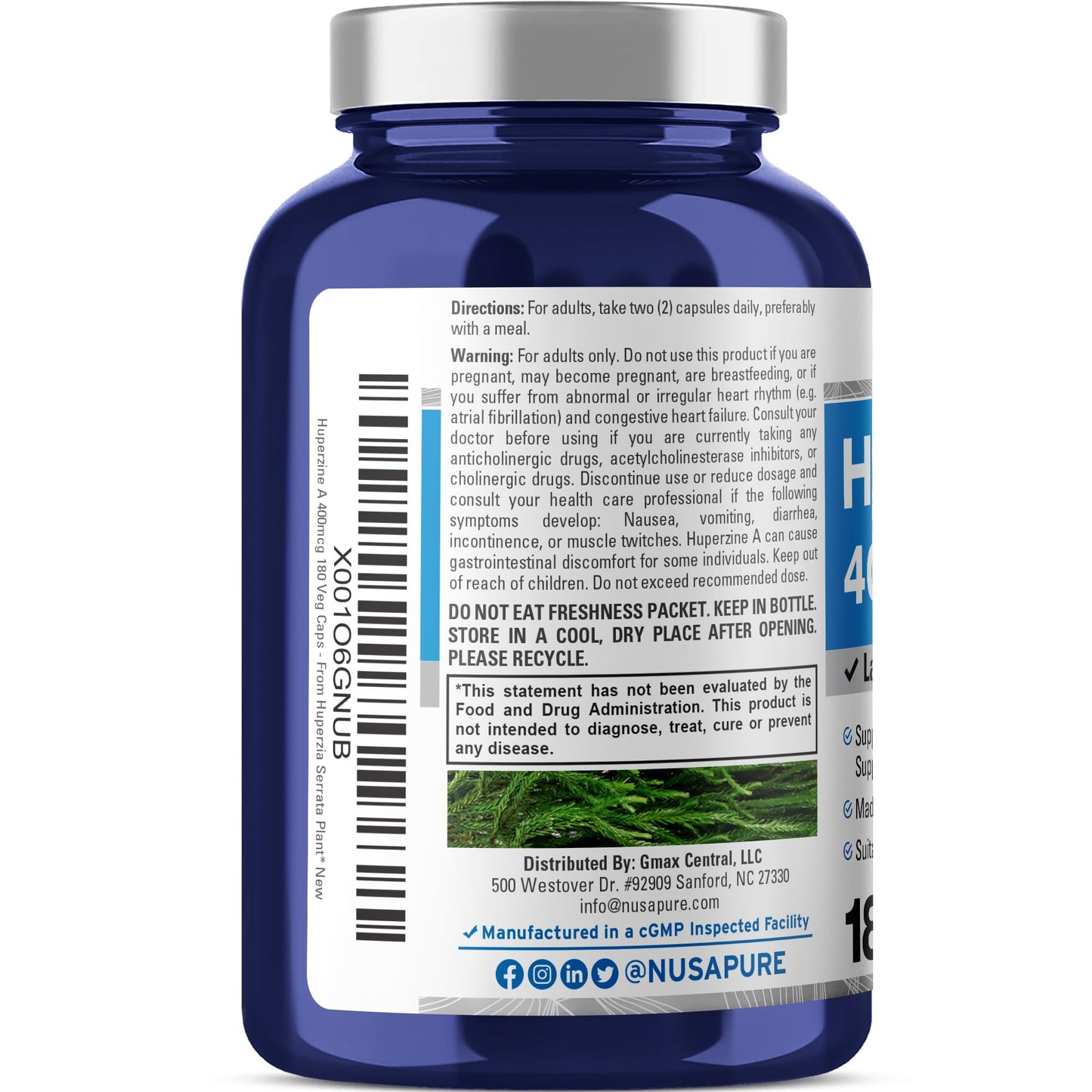 NusaPure Huperzine A 400mcg 180 Veggie Capsules (Vegetarian, Non-GMO, Vegan) - Maple Wellness Supplements
