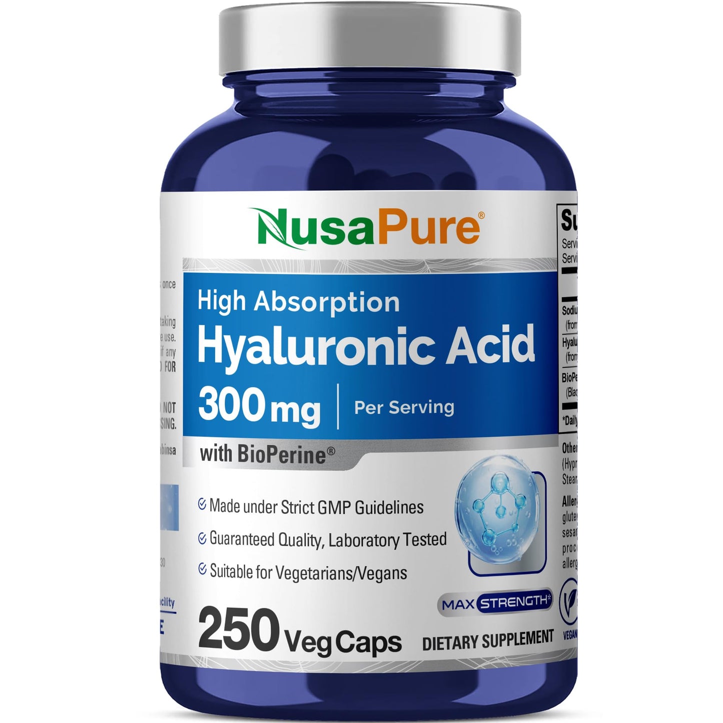 NusaPure Hyaluronic Acid 300mg 250 Veggie Capsules (Non-GMO, Vegan) - Maple Wellness Supplements